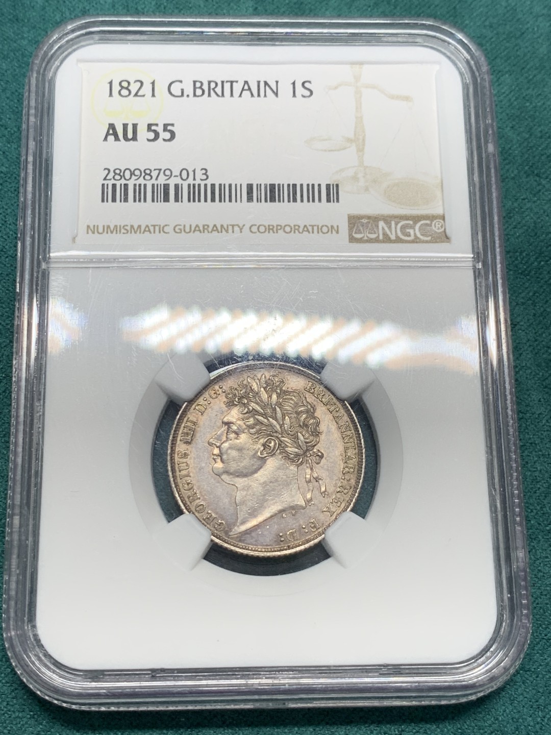 《竞宝斋》第146场-周日，周一 2场 (全场包邮) NGC-AU55 英国 1821年乔治四世三花版1先令银币 著名单年版本，漂亮的三花。实物转光，状态很好，给分略显保守