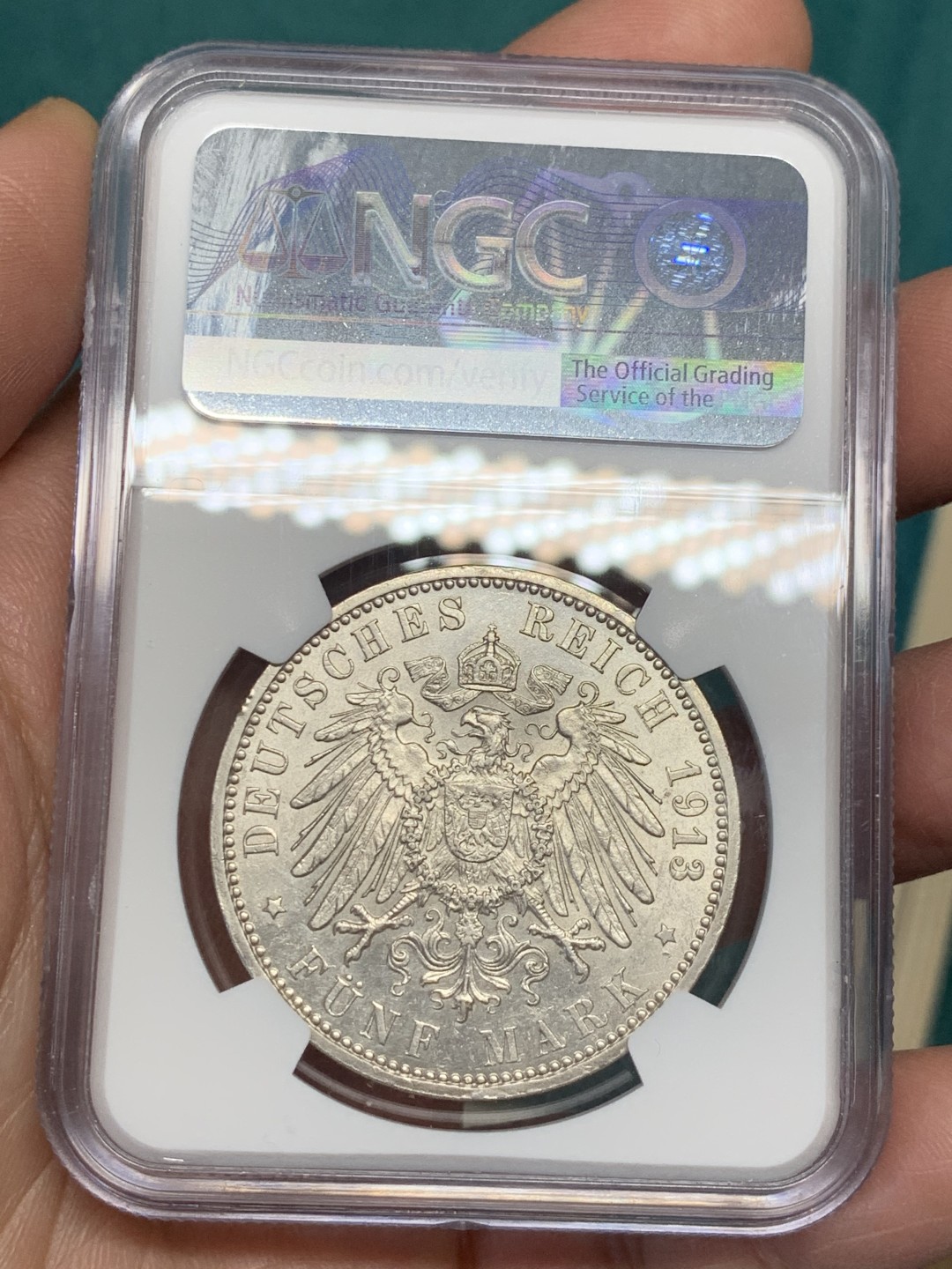 《竞宝斋》第146场-周日，周一 2场 (全场包邮) NGC-AU58 德国汉堡1913年 双狮盾牌 5马克大银币 原光好品