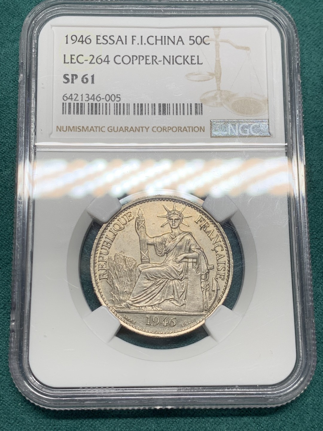 《竞宝斋》第146场-周日，周一 2场 (全场包邮) NGC SP61 1946年法属印支坐洋50分镍质样币ESSAI签字版胜利女神，总发行量1100枚，属于座洋大珍名誉品。（同款样币最新成交价一万六）
