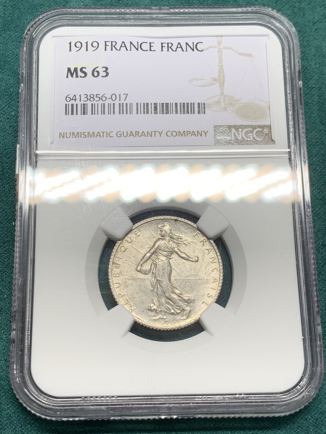 《竞宝斋》第146场-周日，周一 2场 (全场包邮) NGC-MS63 法国1919年 播种女神1法郎银币 顶级好品