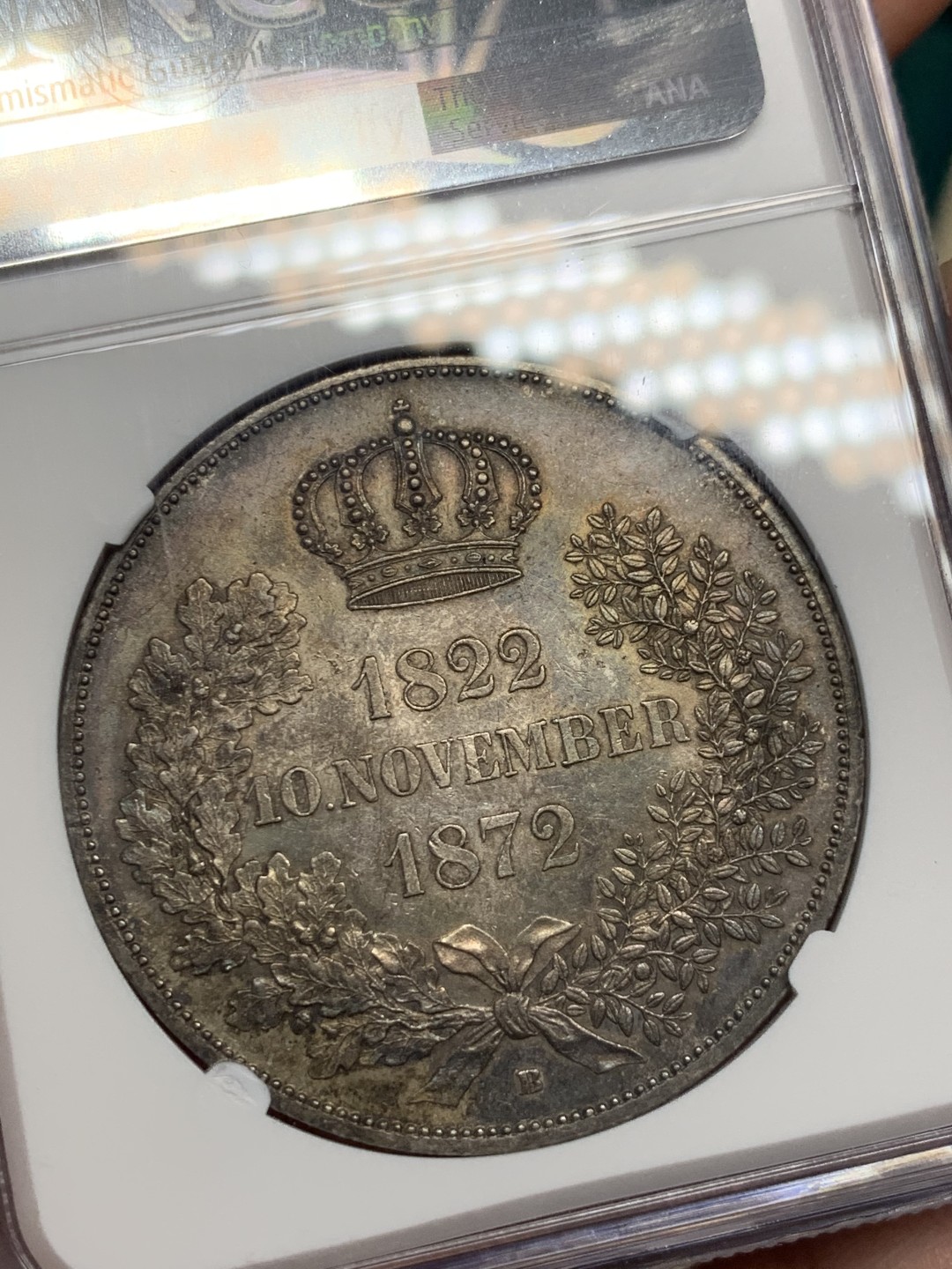 《竞宝斋》第146场-周日，周一 2场 (全场包邮) NGC-UNC 德国萨克森 1872年 金婚纪念 2泰勒大银币 原光好品带点包浆 这个没给分真的可惜了