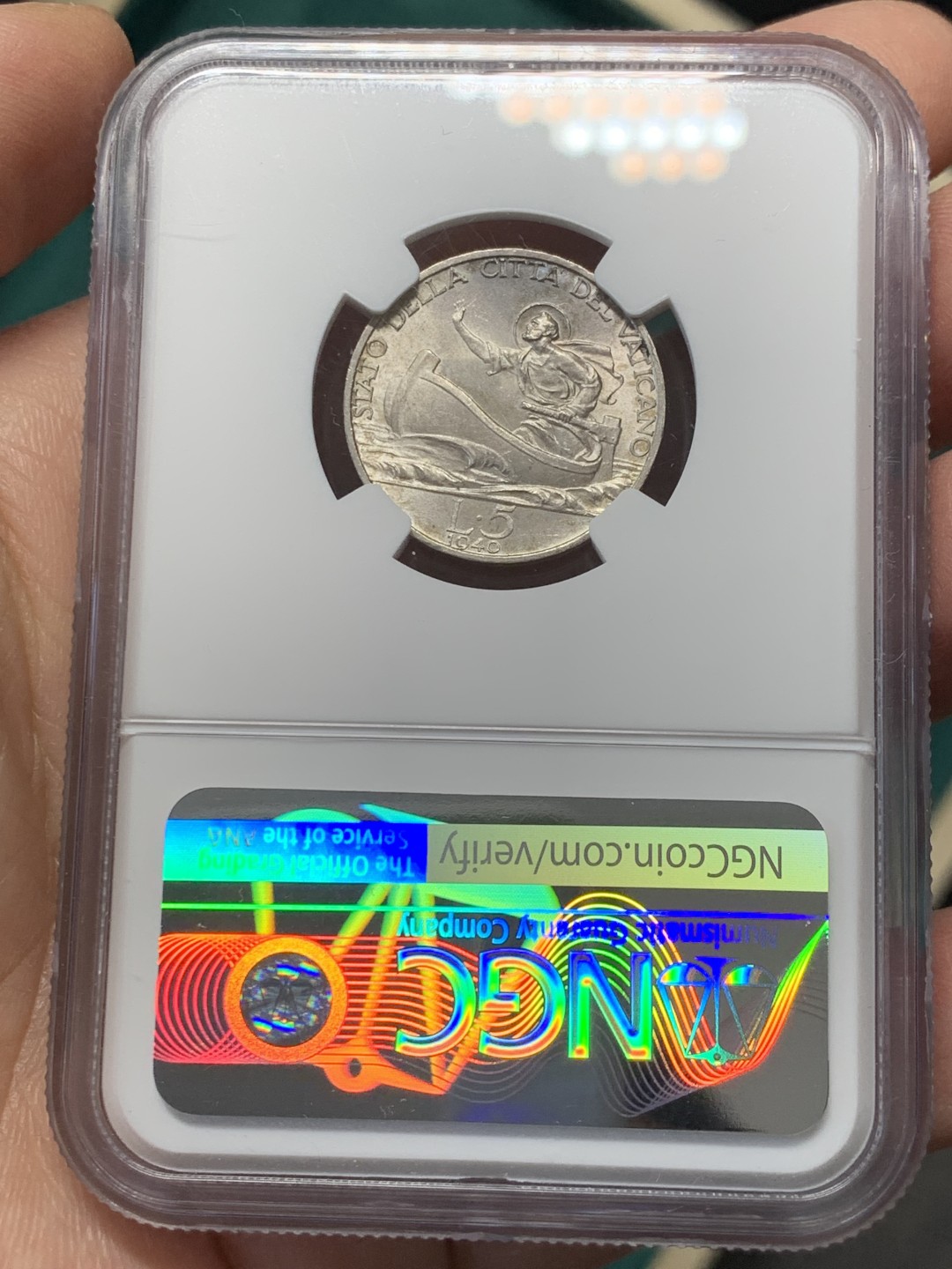 《竞宝斋》第146场-周日，周一 2场 (全场包邮) NGC MS63 梵蒂冈1940年5里拉银币 人像为庇护十二世 背面造型刻画的是彼得乘船传递讯息