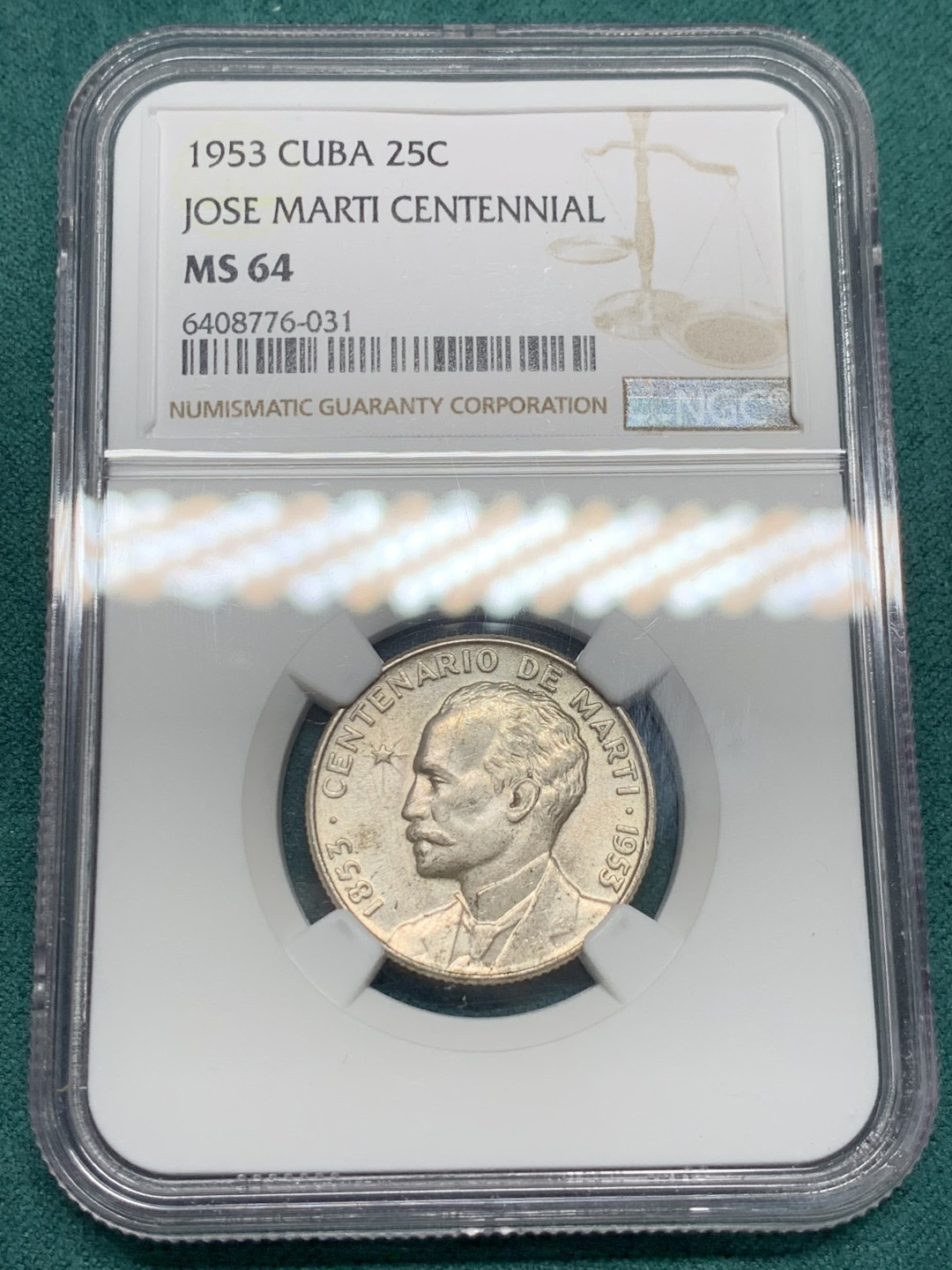 《竞宝斋》第146场-周日，周一 2场 (全场包邮) NGC-MS64 古巴1953年 马丁百年纪念 25分银币 顶级好品