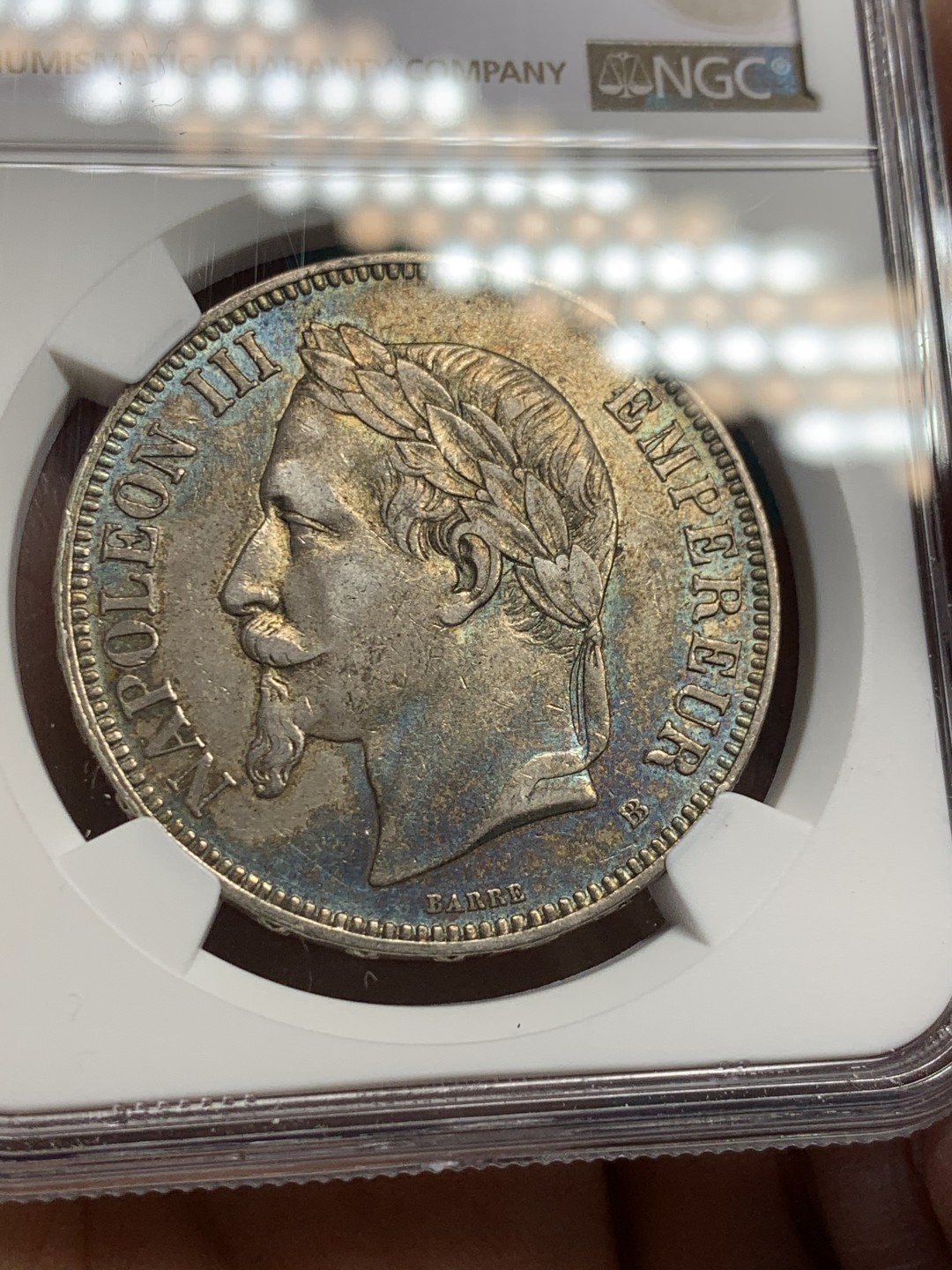 《竞宝斋》第146场-周日，周一 2场 (全场包邮) NGC-AU58 法国1869-BB年 拿破仑三世 5法郎大银币 五彩包浆 非常漂亮