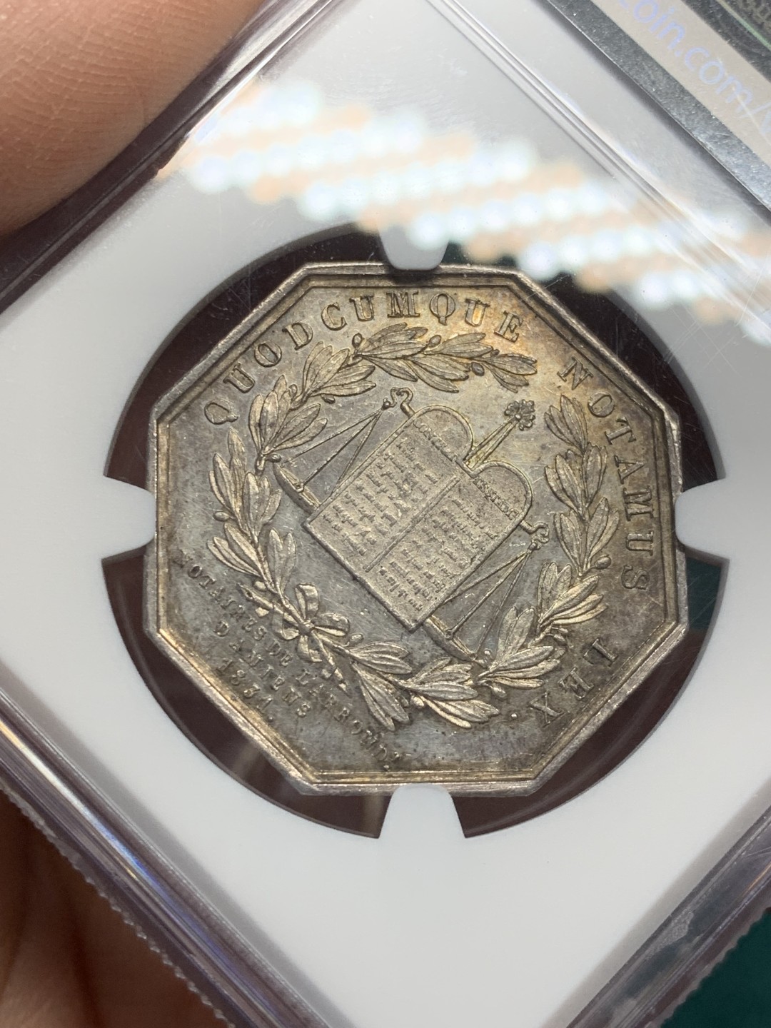 《竞宝斋》第146场-周日，周一 2场 (全场包邮) NGC MS62 法国 1831 亚眠市八角银质代币 高卢雄鸡细节不错