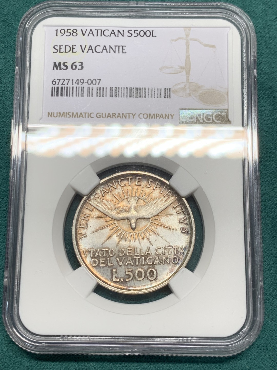 《竞宝斋》第146场-周日，周一 2场 (全场包邮) NGC MS63 梵蒂冈1958年500里拉缺位币 银币 光度很好 略有低评