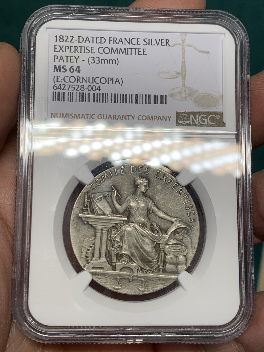 《竞宝斋》第146场-周日，周一 2场 (全场包邮) NGC MS64 1822年法国公证处天平女神银质代币 顶级品相状态