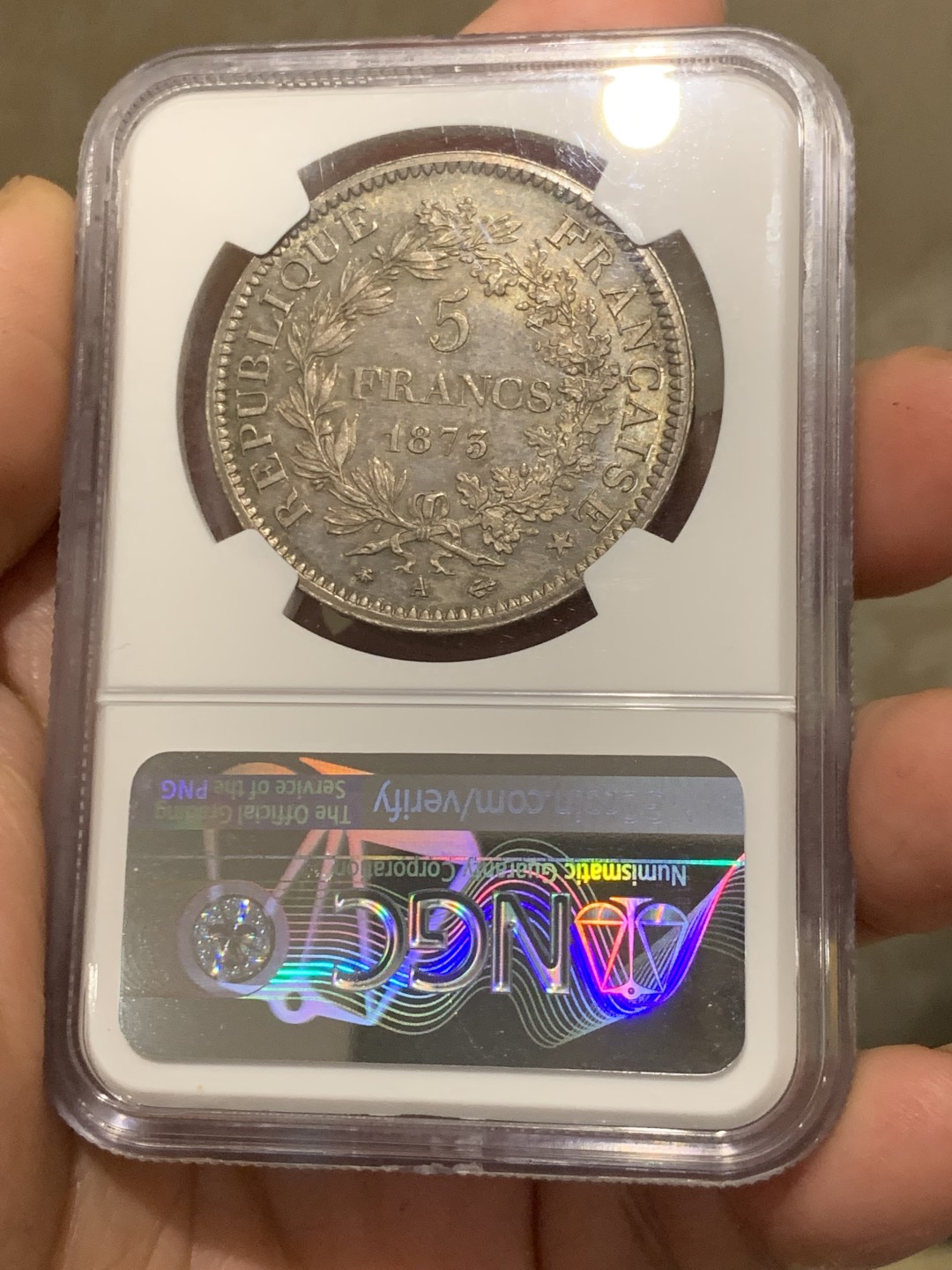 《竞宝斋》第146场-周日，周一 2场 (全场包邮) NGC-MS64 法国 1873年 5法郎 银币 大力神5法郎银币 细节完美 典型欧陆包浆 深紫色熠熠生辉