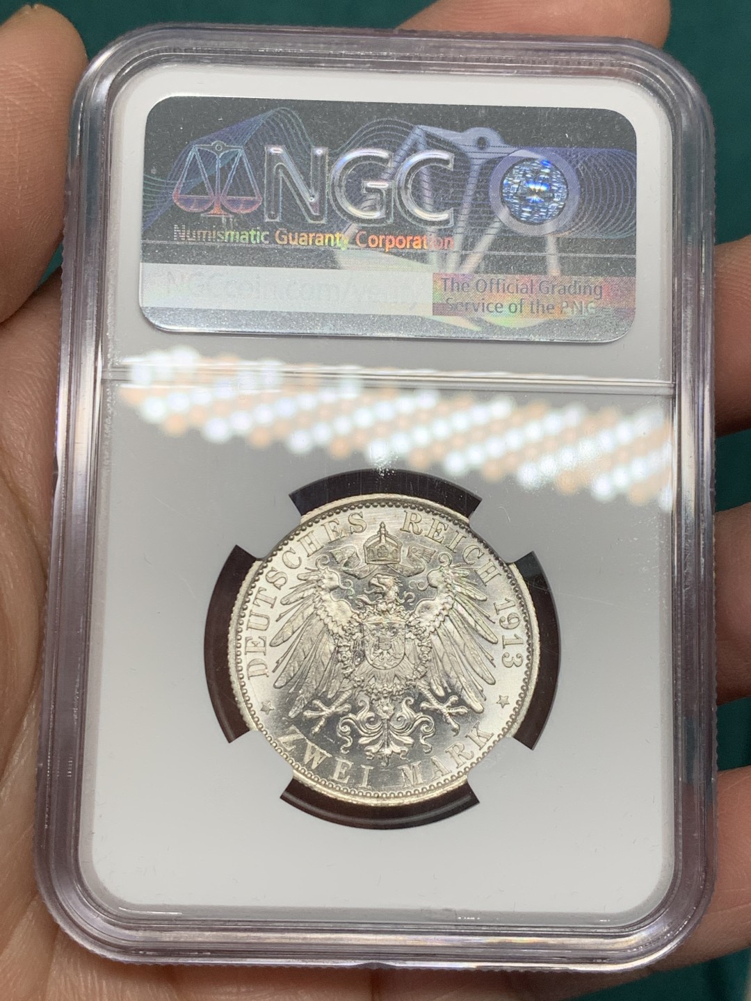 《竞宝斋》第146场-周日，周一 2场 (全场包邮) NGC-MS62 德国 1913年 2马克 银币 普鲁士 威廉二世军装版银币 光泽强烈