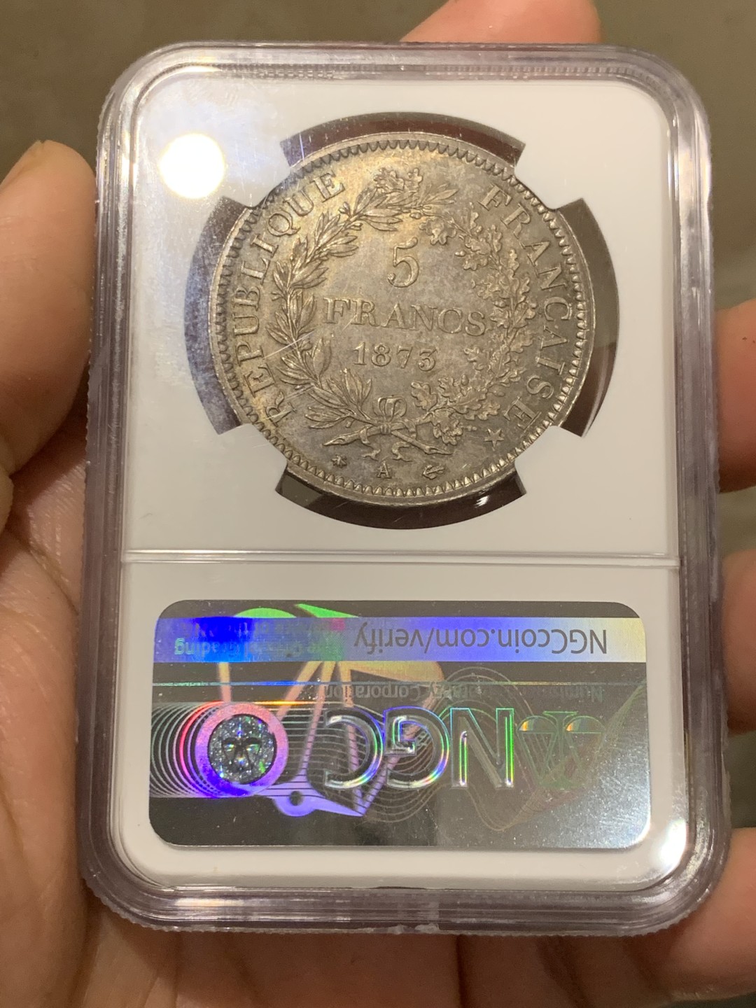 《竞宝斋》第146场-周日，周一 2场 (全场包邮) NGC-MS64 法国 1873年 5法郎 银币 大力神5法郎银币 细节完美 典型欧陆包浆 深紫色熠熠生辉