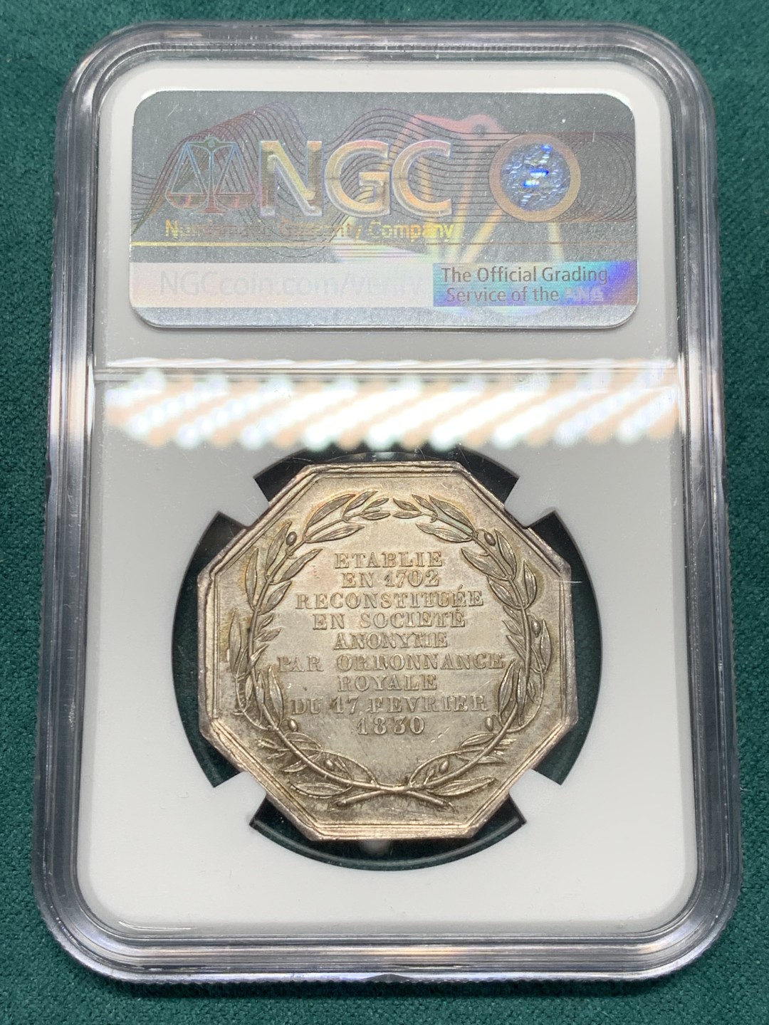 《竞宝斋》第146场-周日，周一 2场 (全场包邮) NGC-MS63 法国1830年 天使嬉戏图 八角大型JETON 银质 顶级品相