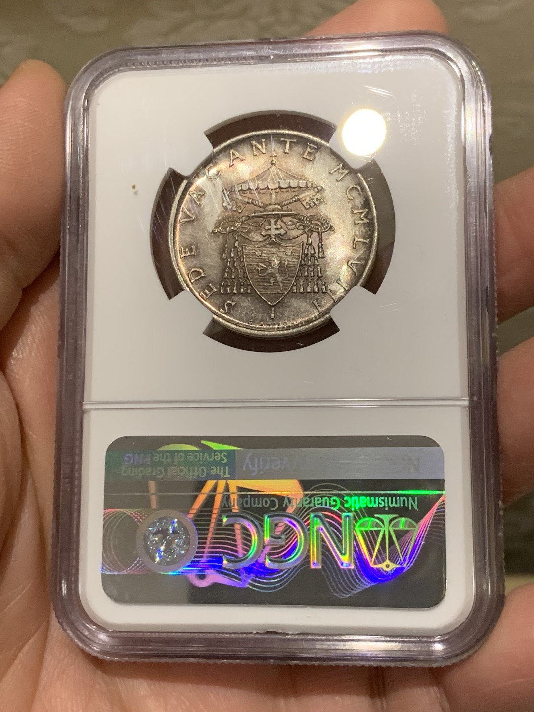 《竞宝斋》第146场-周日，周一 2场 (全场包邮) NGC MS63 梵蒂冈1958年500里拉缺位币 银币 光度很好 略有低评