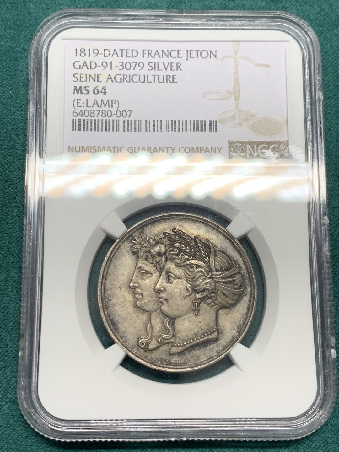 《竞宝斋》第146场-周日，周一 2场 (全场包邮) NGC-MS64 法国1819年 瑟涅河谷物女神 JETON 银制 高浮雕 顶极品相