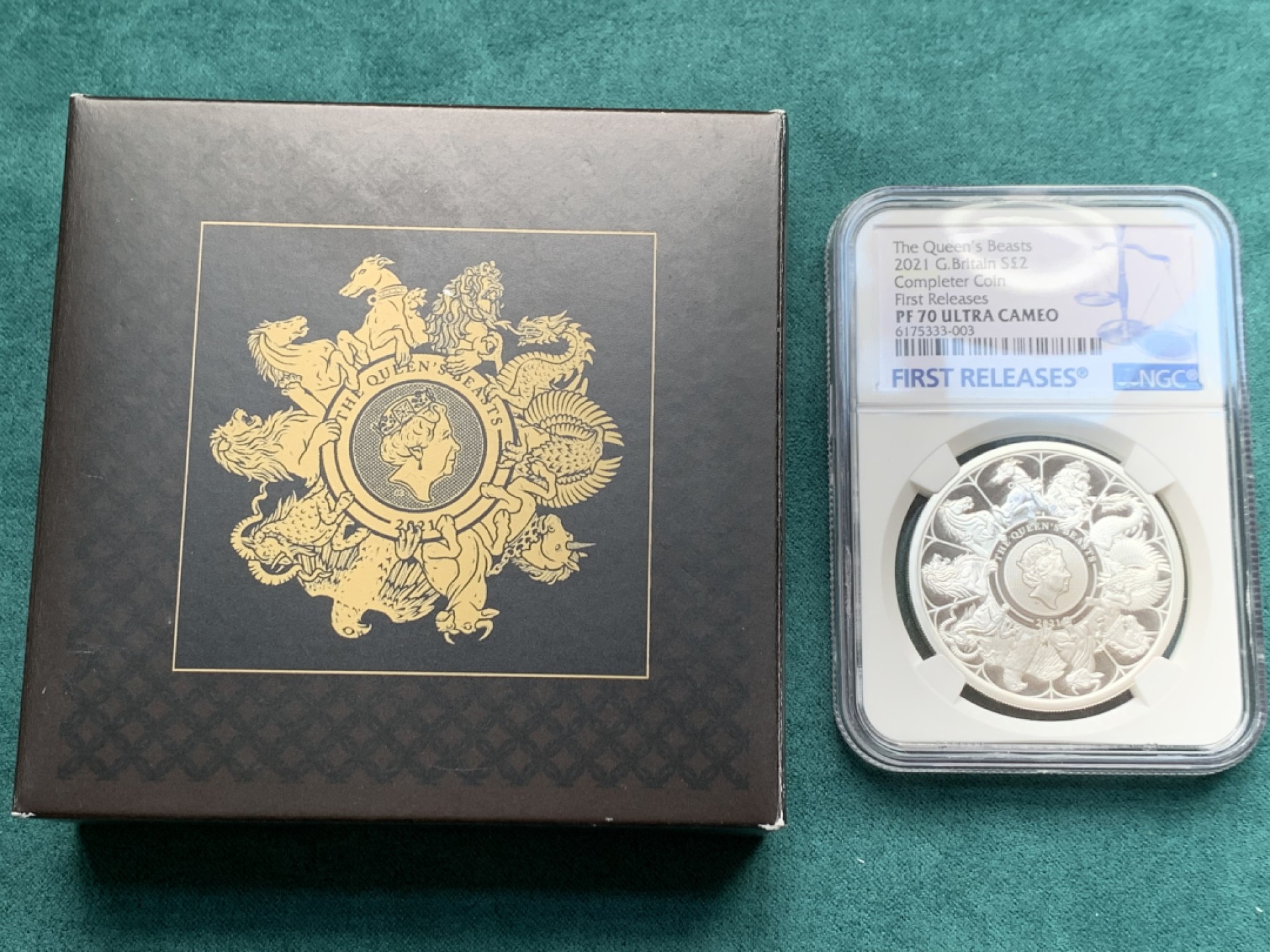 《竞宝斋》第146场-周日，周一 2场 (全场包邮) NGC-PF 70UC 英国 2021 满分蓝标稀少 2镑银币女王神兽十合一 热门品种 盒证齐全