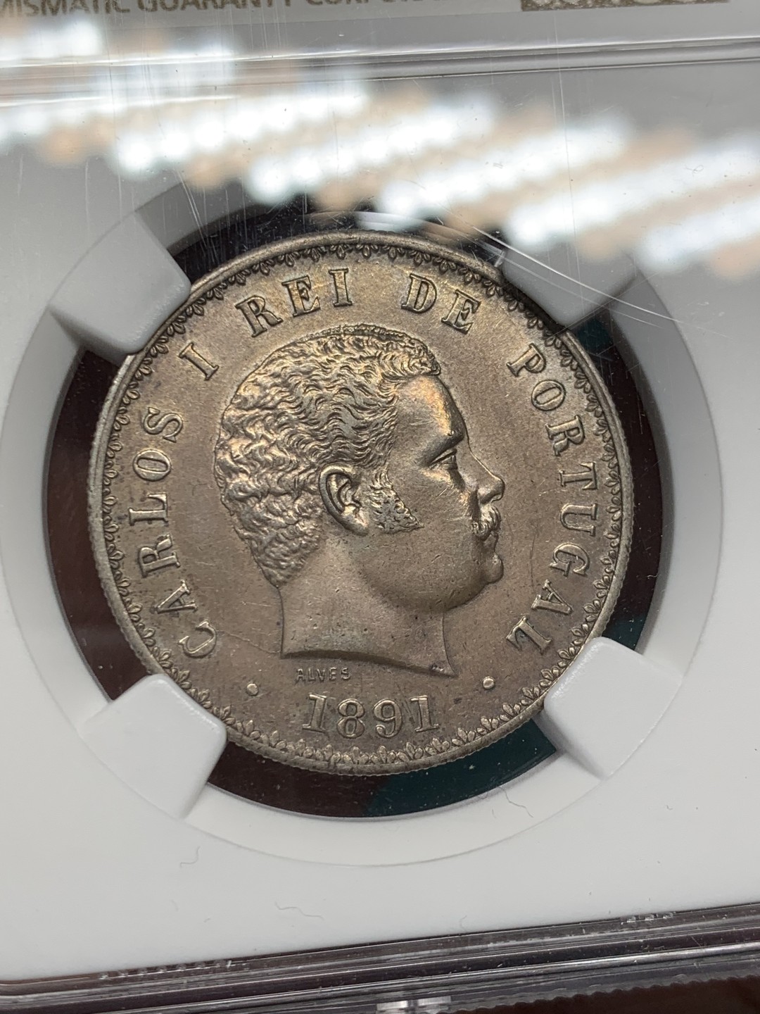 《竞宝斋》第146场-周日，周一 2场 (全场包邮) NGC AU 1891 葡萄牙500里斯银币，双面玫瑰色包浆，很漂亮