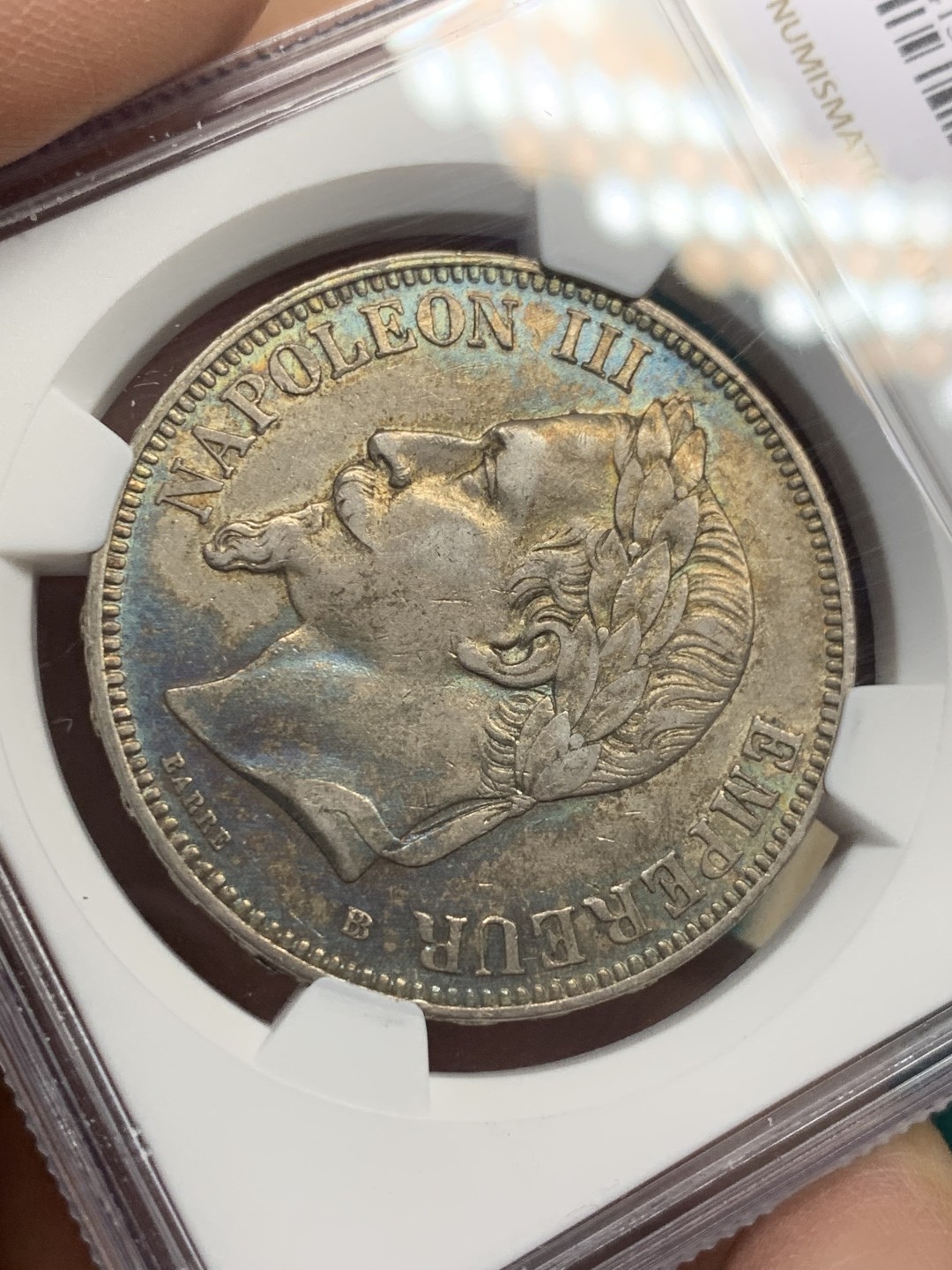 《竞宝斋》第146场-周日，周一 2场 (全场包邮) NGC-AU58 法国1869-BB年 拿破仑三世 5法郎大银币 五彩包浆 非常漂亮