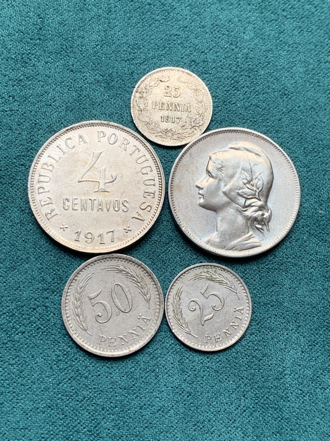 《竞宝斋》第146场-周日，周一 2场 (全场包邮) 葡萄牙1917/1919 20分镍币各一枚+芬兰1940年 25分 50分芬尼+ 俄占芬兰1917年 25芬尼