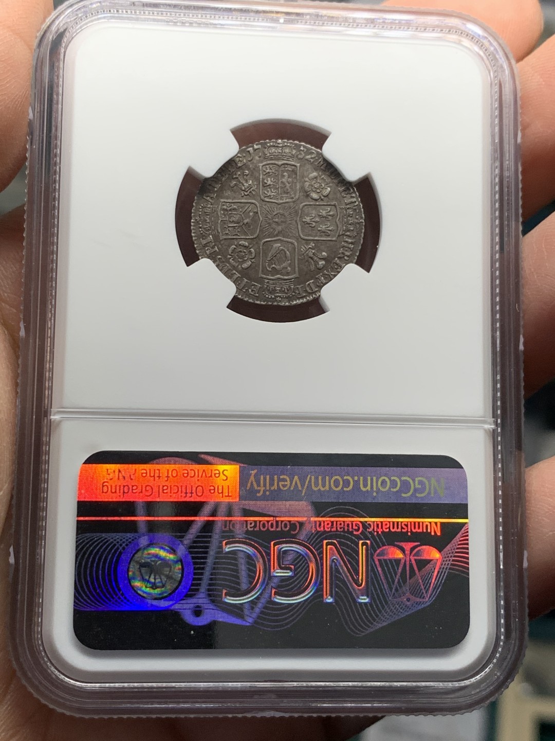 《竞宝斋》第146场-周日，周一 2场 (全场包邮) NGC MS62 英国乔治二世 1732年 6便士银币 稀见品种 玫瑰版本