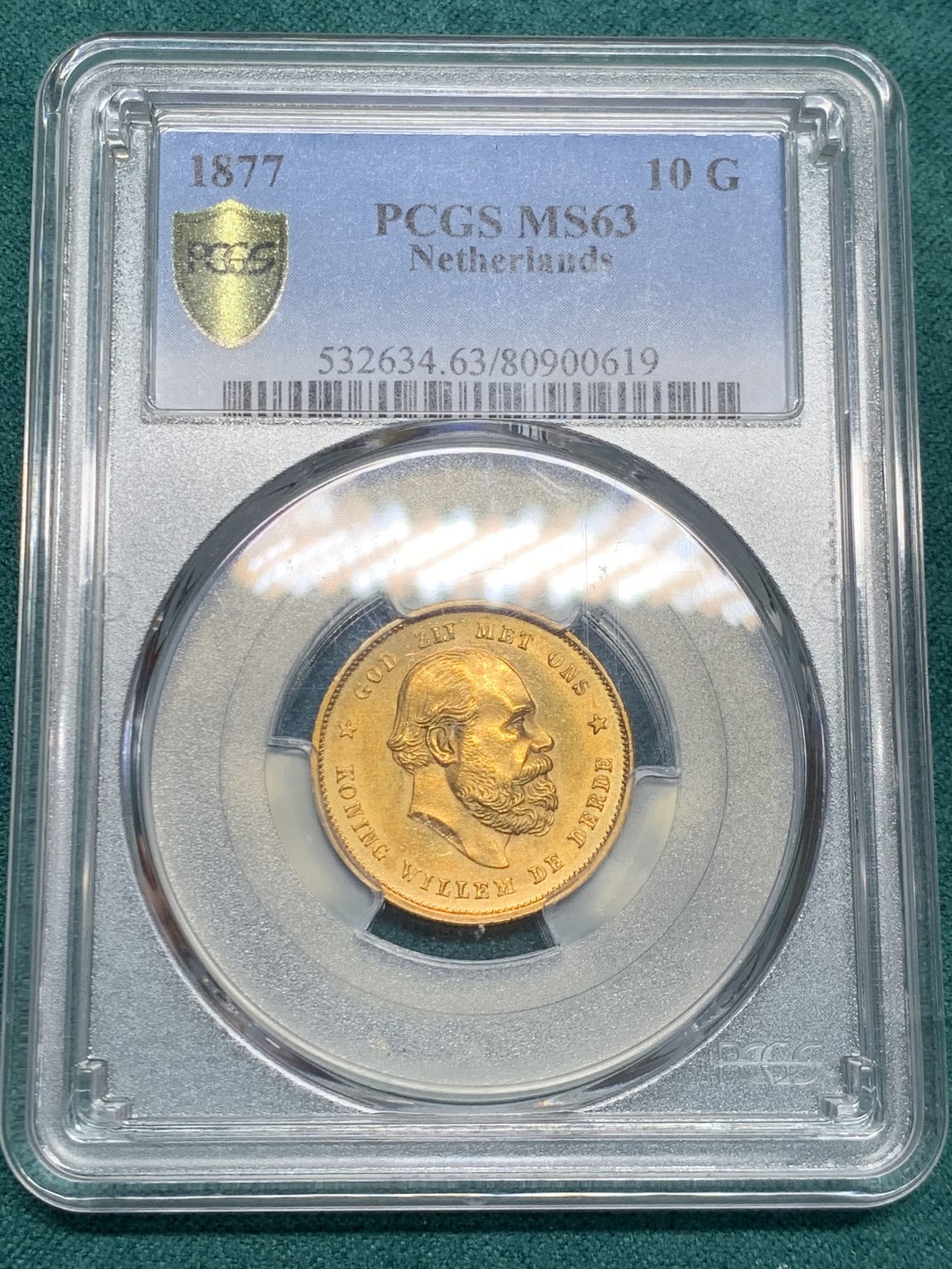 《竞宝斋》第146场-周日，周一 2场 (全场包邮) PCGS-MS63 荷兰王国 尼德兰荷兰 1877年 威廉二世 10盾金币，转光明显 性价比高的好品金币