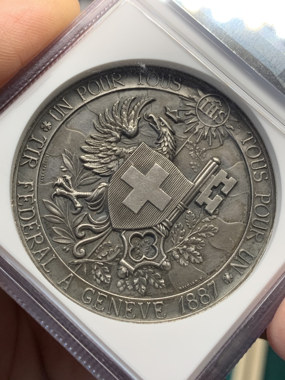 《竞宝斋》第146场-周日，周一 2场 (全场包邮) NGC-MS63 瑞士 1887年 日内瓦射击节 银章 人像立体高浮雕工艺