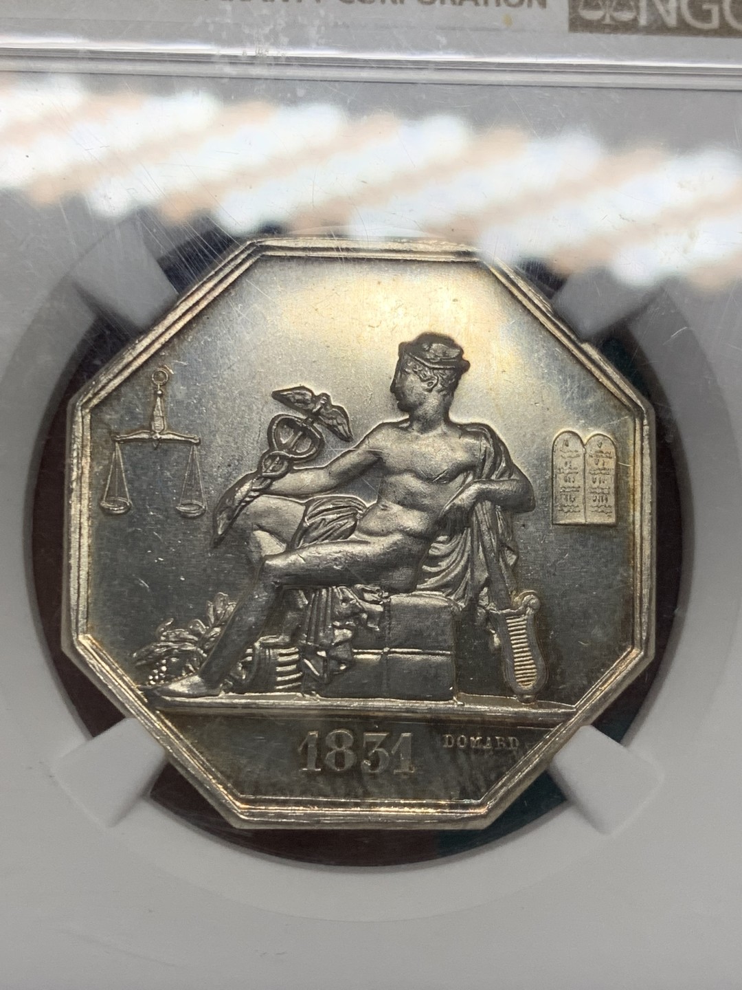 《竞宝斋》第146场-周日，周一 2场 (全场包邮) NGC-MS62 法国 1831 墨丘利 JETON 银质八角代币 原光低评 状态好