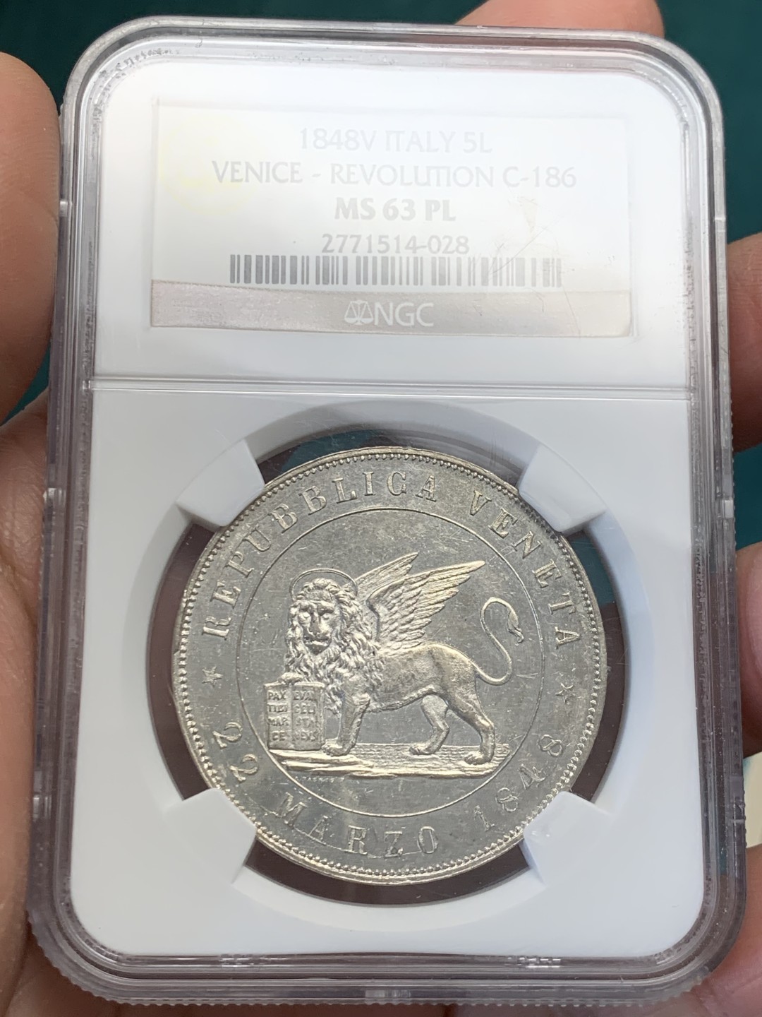 《竞宝斋》第146场-周日，周一 2场 (全场包邮) 亚军分！NGC-MS63PL 意大利威尼斯1848年飞狮5里拉大银 镜面prooflike，NGC一共只评出5枚