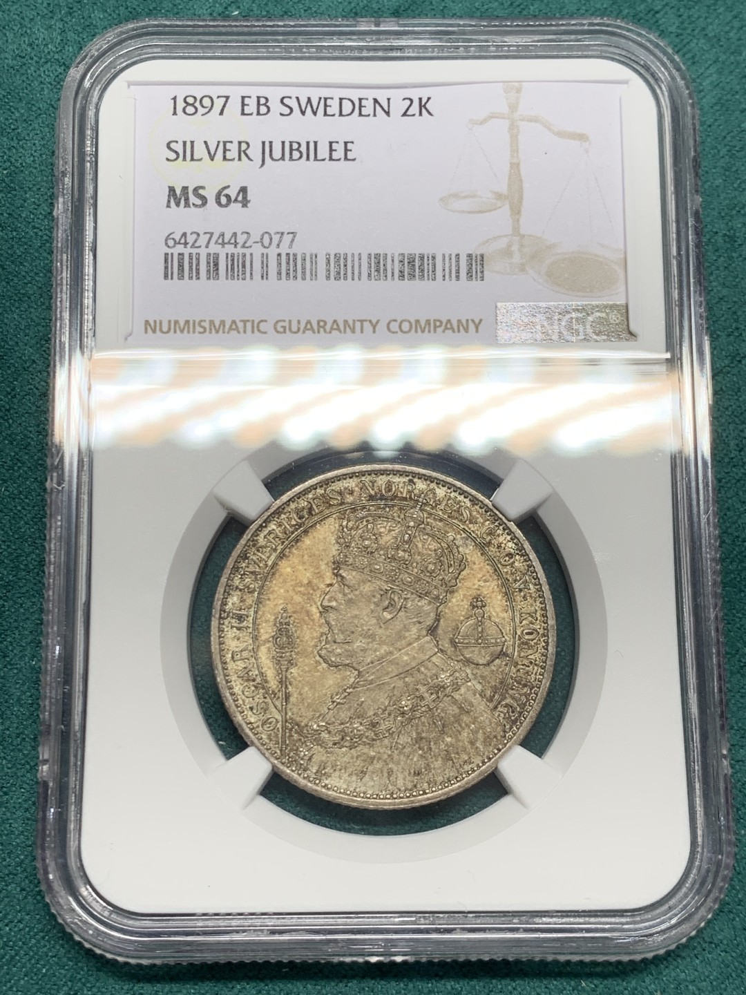 《竞宝斋》第146场-周日，周一 2场 (全场包邮) NGC-MS64 瑞典1897年 加冕2克朗银币 好品带包浆 很难得