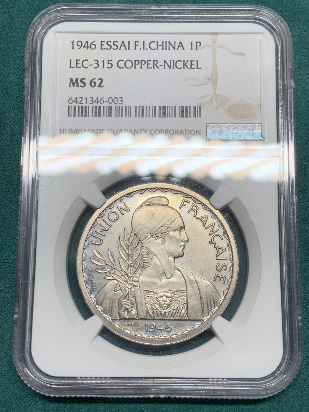 《竞宝斋》第146场-周日，周一 2场 (全场包邮) NGC MS62 1946年法国属印支1皮亚斯特铜镍合金样币，发行量仅1100枚（记录在册）！非常稀少的大珍，签字版样币。essai为样币的意思，觉应该是SP才对，不知道为什么给了MS。66分最新成交价为5200元。