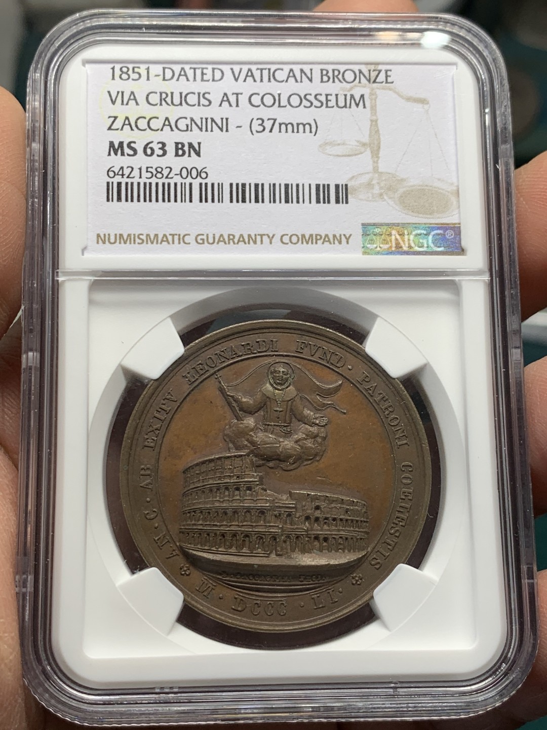 《竞宝斋》第146场-周日，周一 2场 (全场包邮) NGC MS63 1851年梵蒂冈高浮雕精美铜章 稀少 难得品相状态一流 加厚盒装