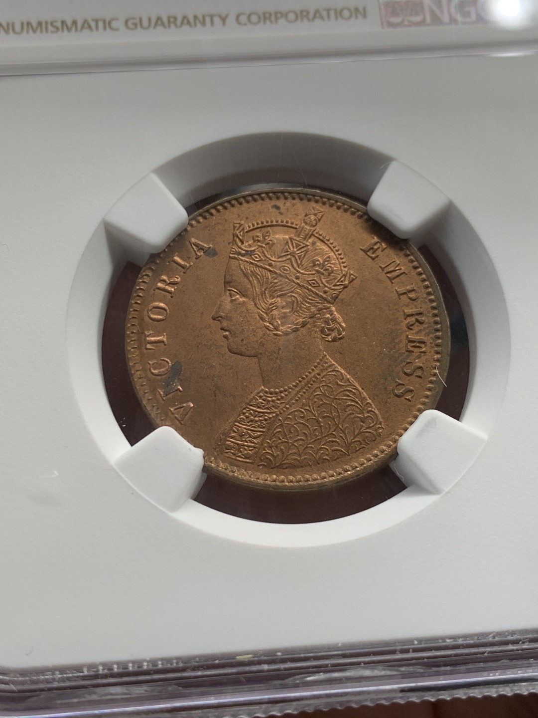 《竞宝斋》第146场-周日，周一 2场 (全场包邮) NGC MS64RB 印度 1889年C版 维多利亚女王1/4安娜好品相高分铜币难得