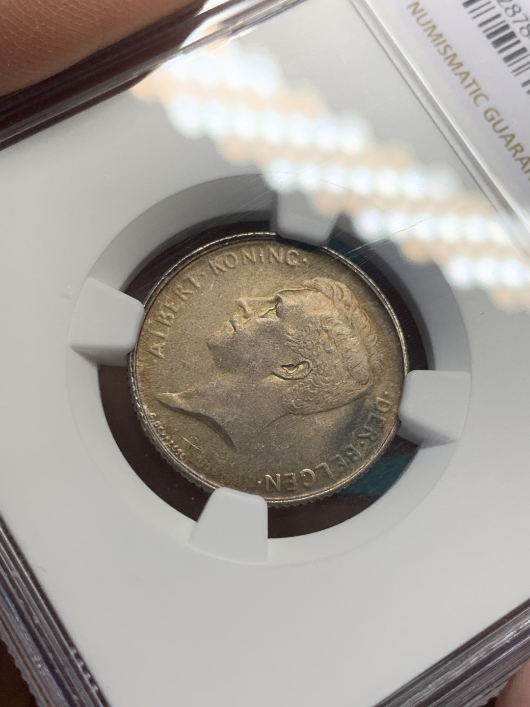 《竞宝斋》第146场-周日，周一 2场 (全场包邮) NGC-MS64 比利时1914年阿尔贝托国王 1法郎银币 五彩包浆非常漂亮