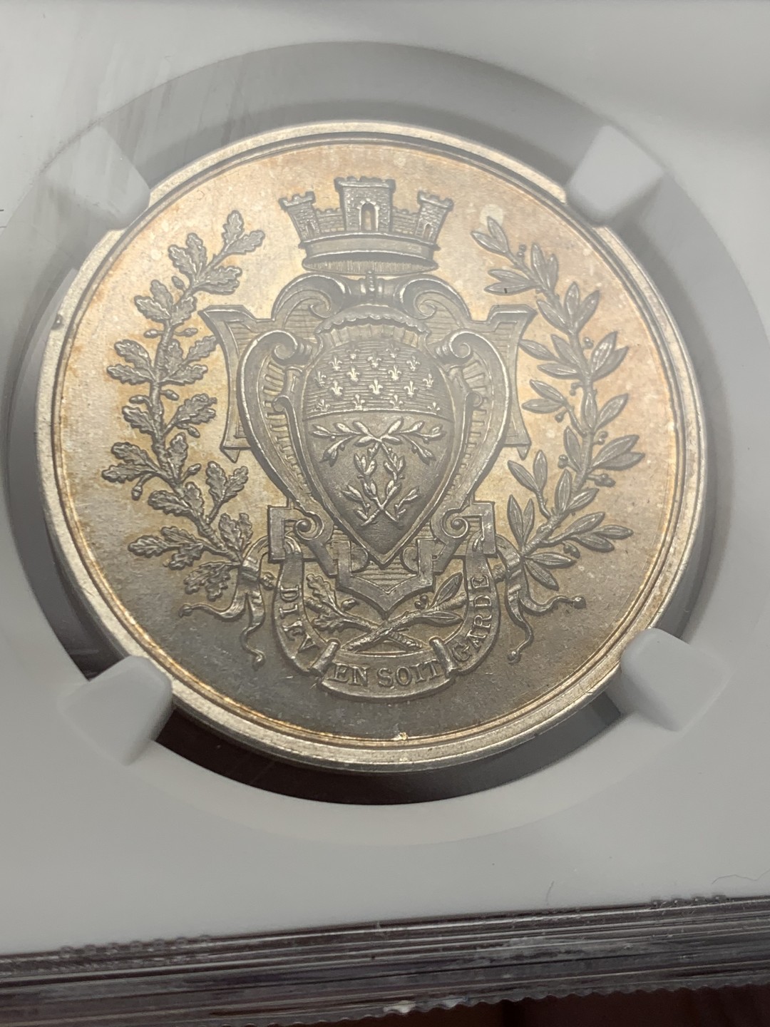 《竞宝斋》第146场-周日，周一 2场 (全场包邮) NGC MS64 1879年法国拉雷莫瓦兹保险银质 圆形代币 顶级品相状态