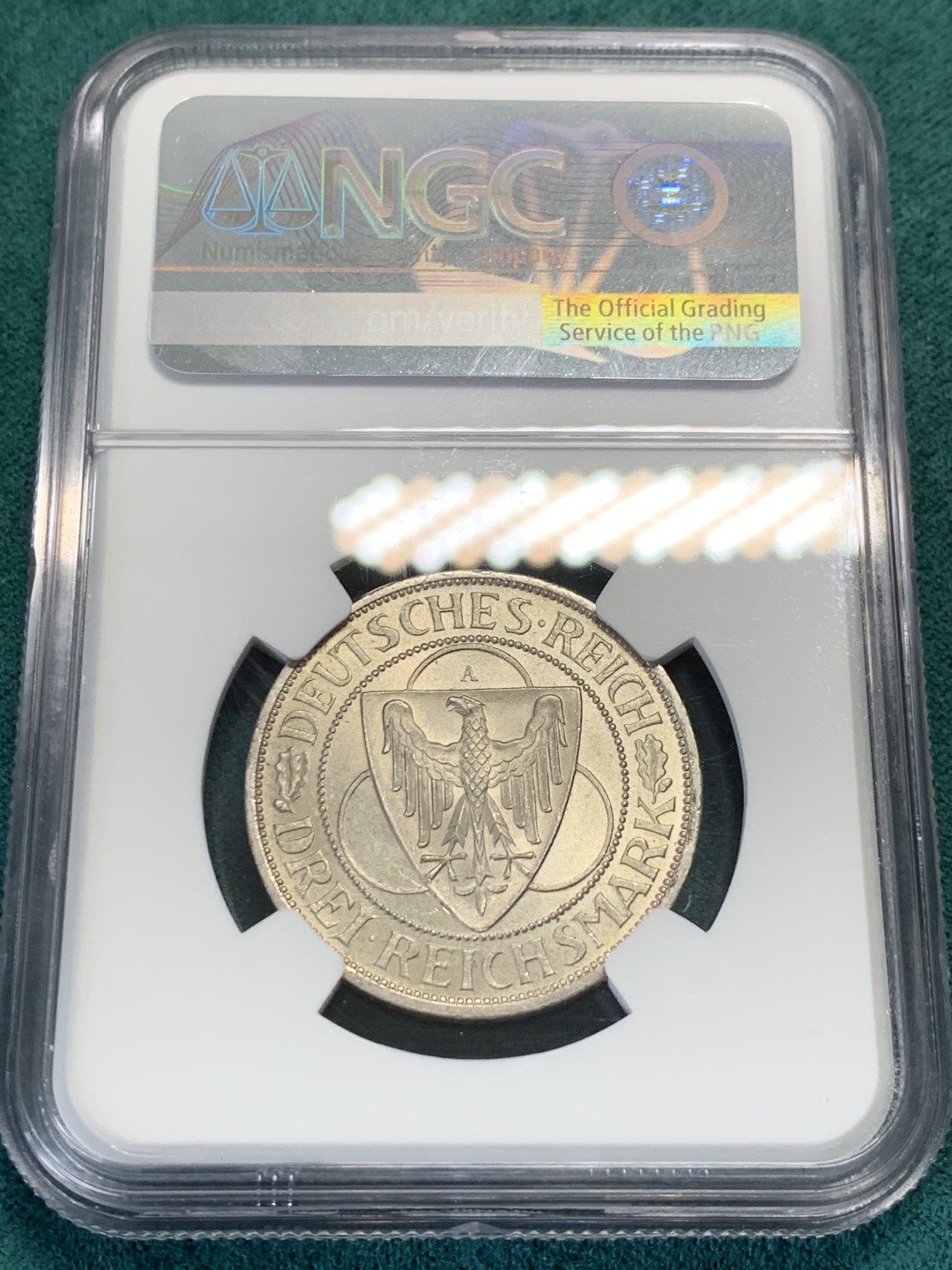 《竞宝斋》第146场-周日，周一 2场 (全场包邮) NGC-MS62 魏玛德国1930年莱茵解放 鹰桥3马克纪念银币 略低评