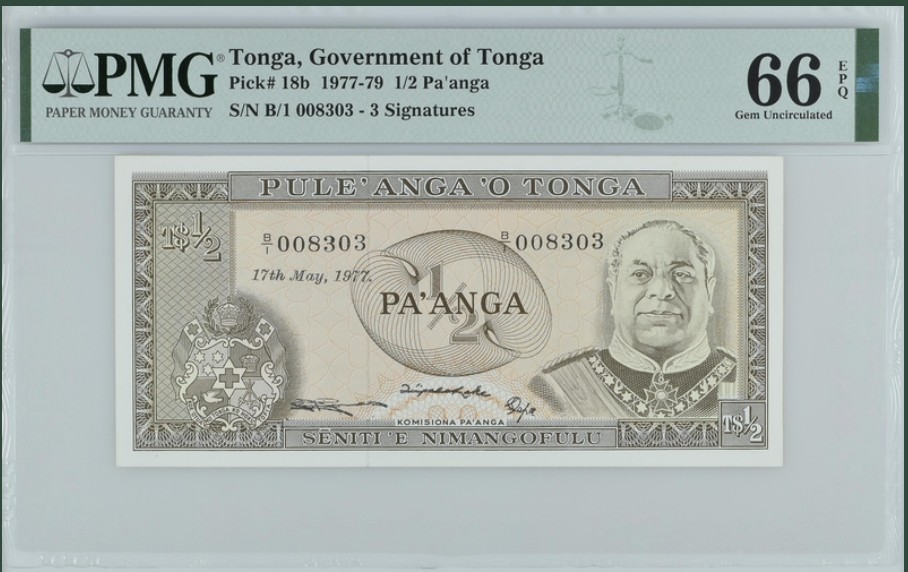 收藏联盟Quantum Auction 第242期拍卖  汤加1977-79年1/2潘加 PMG66 千位号