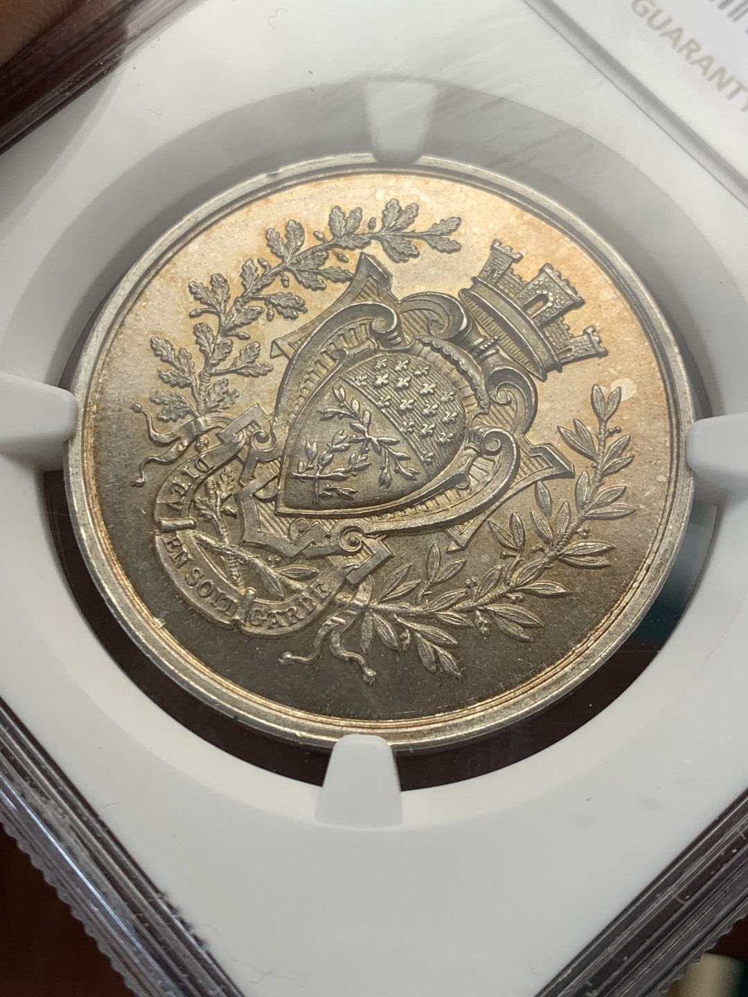 《竞宝斋》第146场-周日，周一 2场 (全场包邮) NGC MS64 1879年法国拉雷莫瓦兹保险银质 圆形代币 顶级品相状态