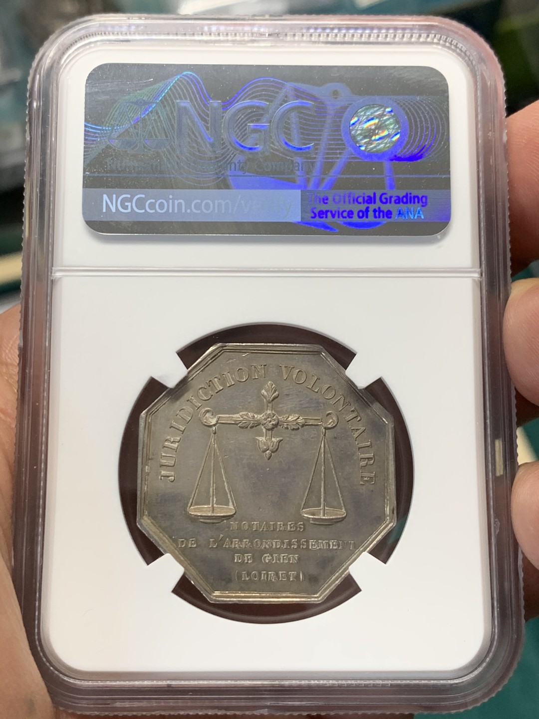 《竞宝斋》第146场-周日，周一 2场 (全场包邮) NGC MS63 法国 菲利普像 勒鲁吉市 公证处 银质八角代币 少见品种