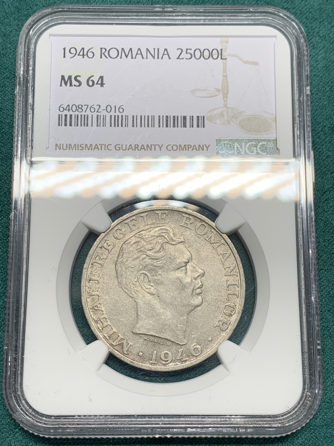 《竞宝斋》第146场-周日，周一 2场 (全场包邮) NGC-MS64 罗马尼亚1946年 25000列伊银币 顶级好品