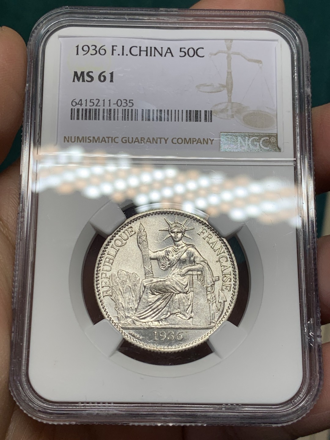 《竞宝斋》第146场-周日，周一 2场 (全场包邮) NGC MS61 1936年法属印支坐洋50分 银币 暴光品质 低评