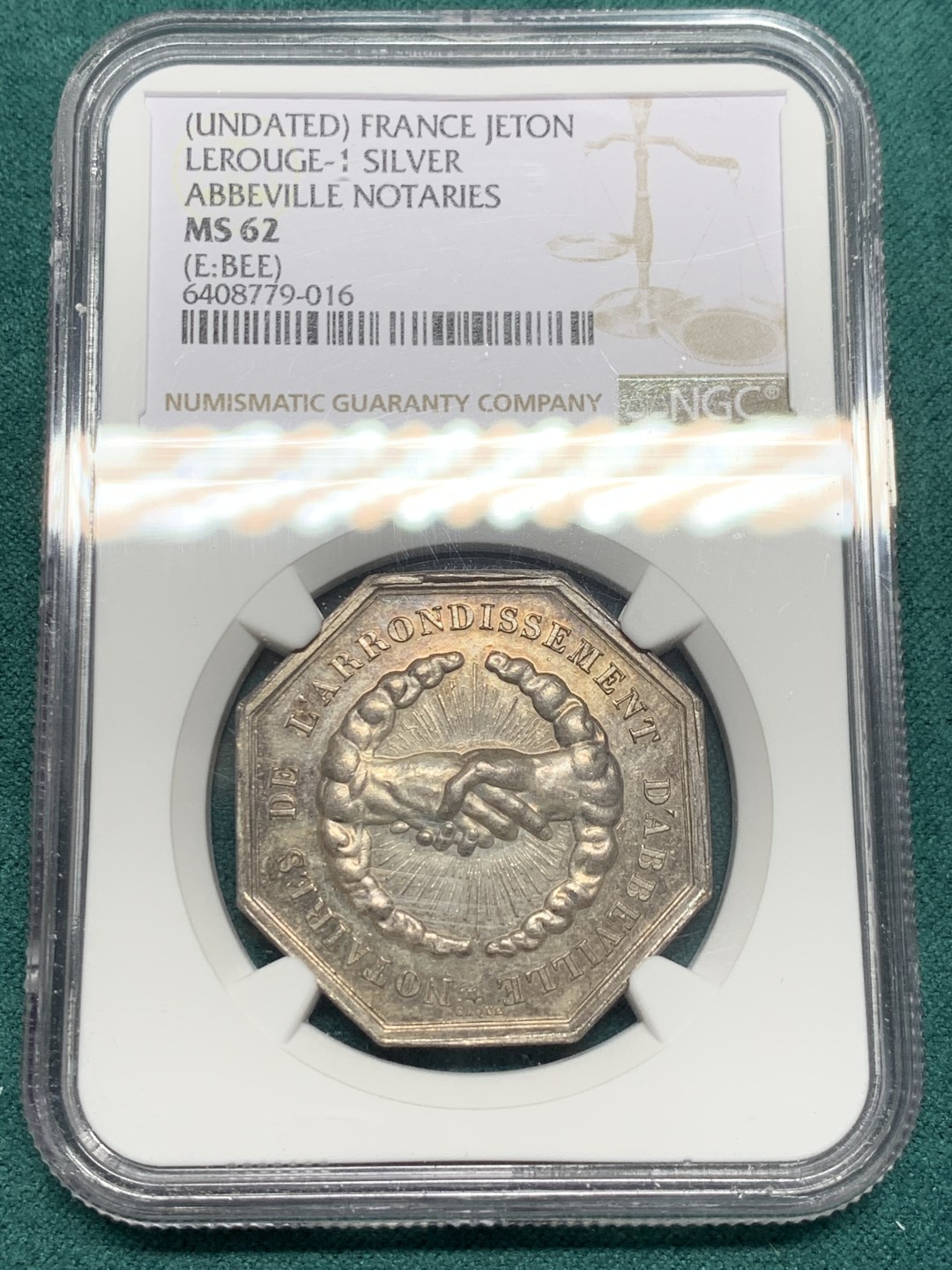 《竞宝斋》第146场-周日，周一 2场 (全场包邮) NGC-MS62 法国 十八世纪 握手JETON 银制 高浮雕 非常漂亮