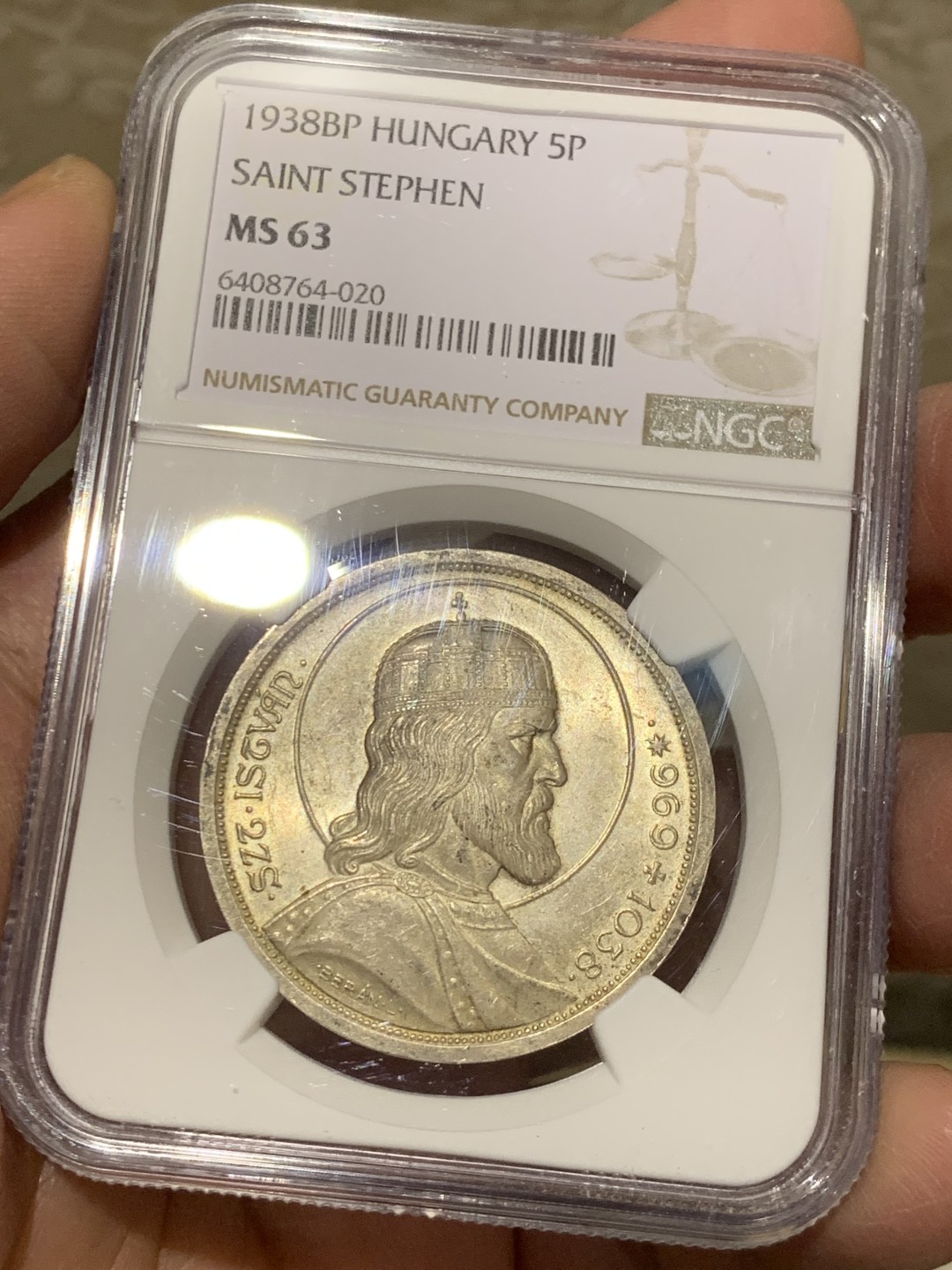 《竞宝斋》第146场-周日，周一 2场 (全场包邮) NGC-MS63 匈牙利1938年 史蒂芬5潘果大银币 暴涨品种