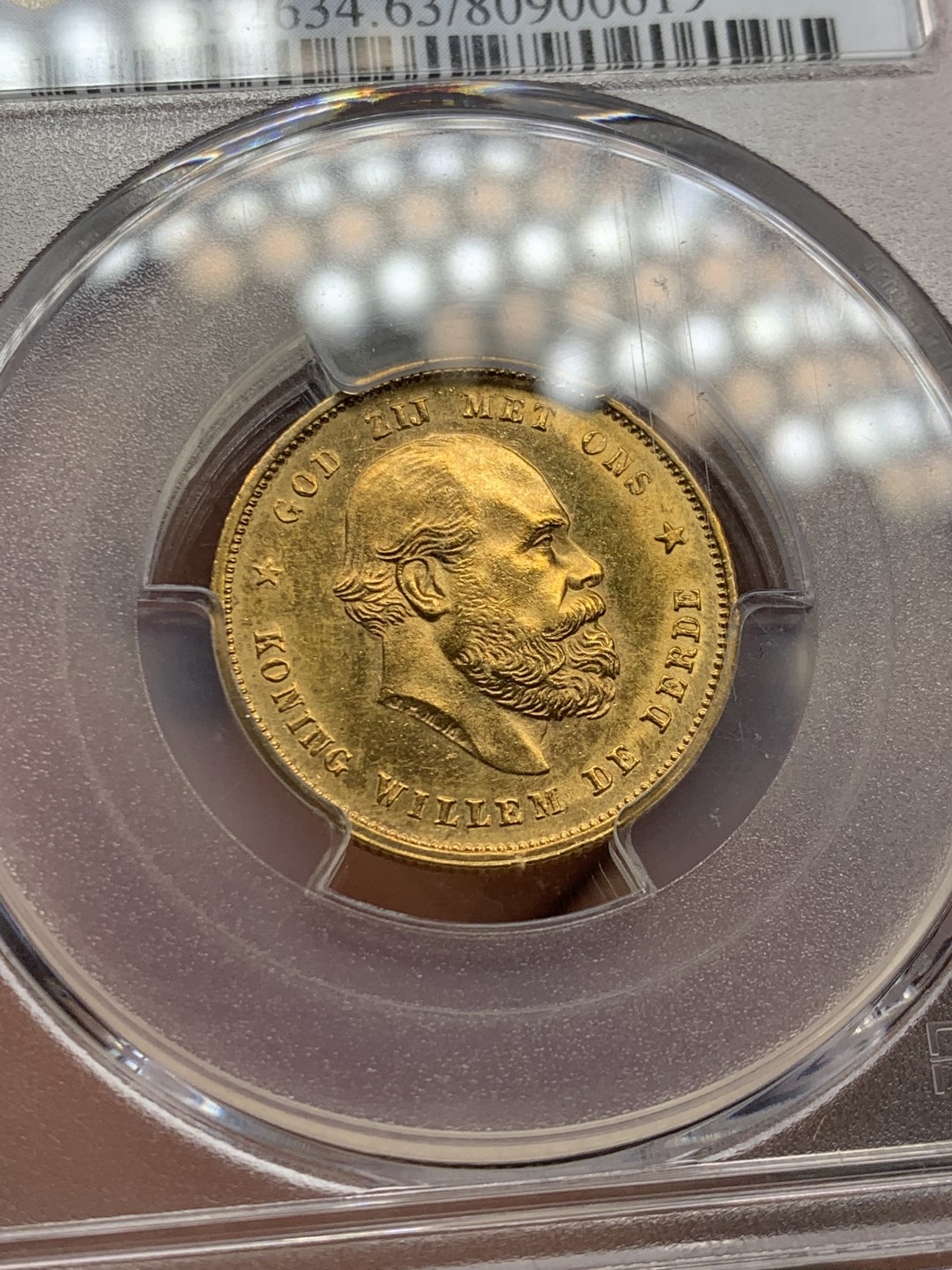 《竞宝斋》第146场-周日，周一 2场 (全场包邮) PCGS-MS63 荷兰王国 尼德兰荷兰 1877年 威廉二世 10盾金币，转光明显 性价比高的好品金币