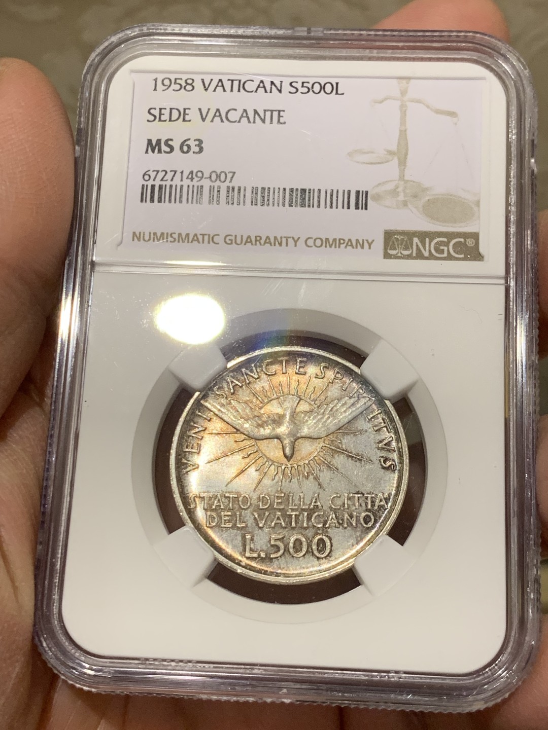 《竞宝斋》第146场-周日，周一 2场 (全场包邮) NGC MS63 梵蒂冈1958年500里拉缺位币 银币 光度很好 略有低评