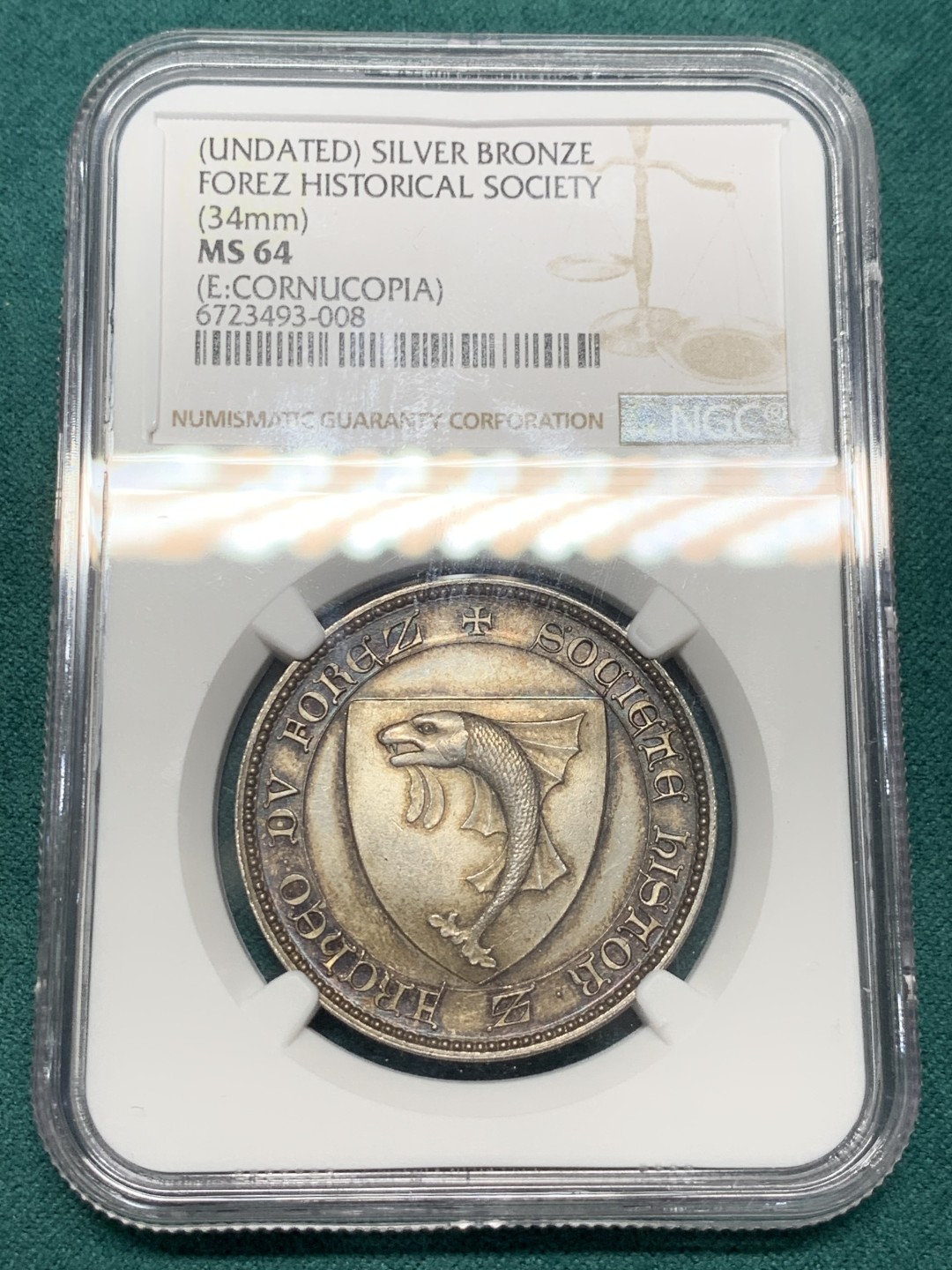 《竞宝斋》第146场-周日，周一 2场 (全场包邮) NGC MS64 法国 福尔兹历史学会 精美银章 包浆极美 丰饶角ARGENT银标
