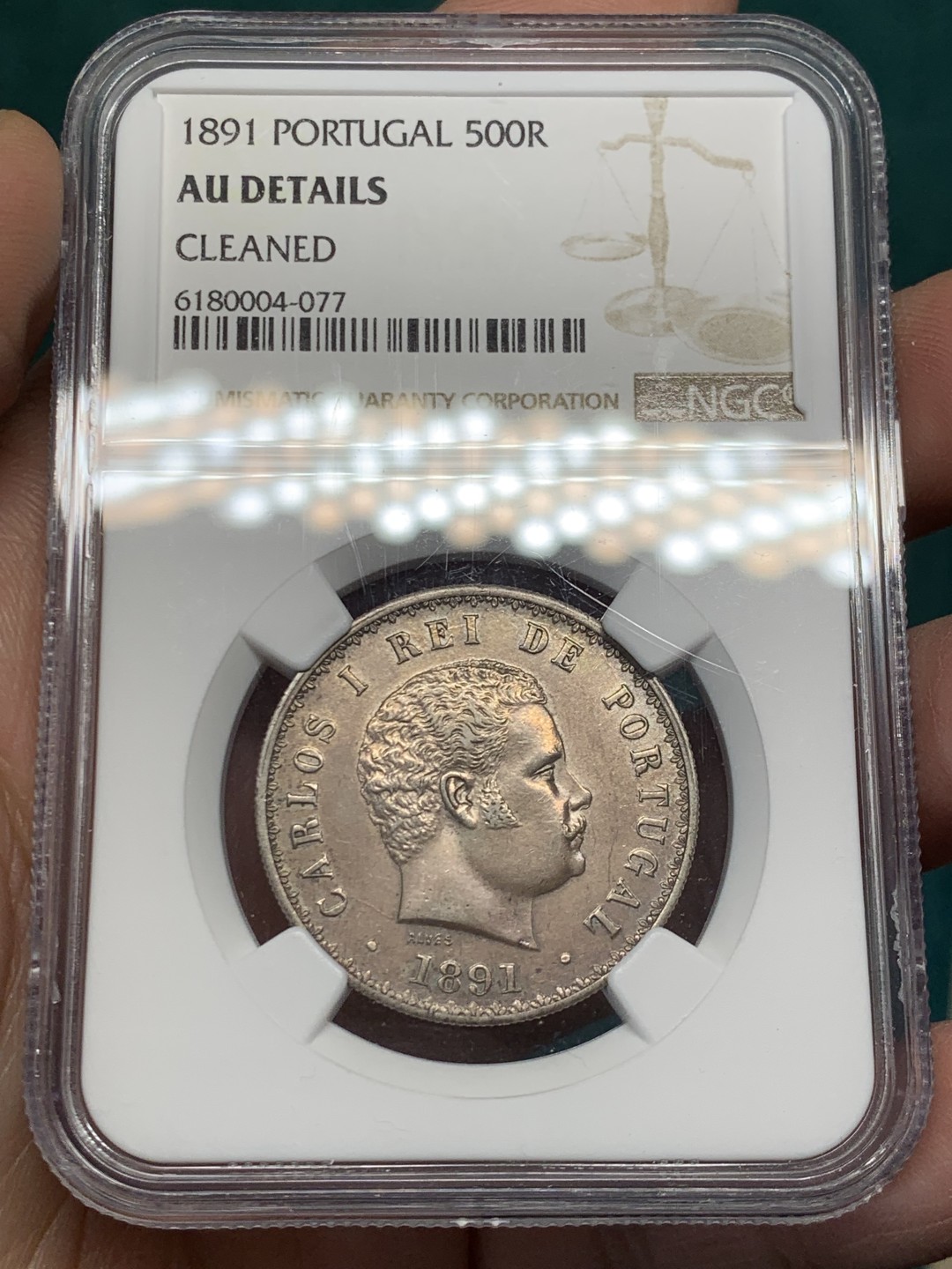 《竞宝斋》第146场-周日，周一 2场 (全场包邮) NGC AU 1891 葡萄牙500里斯银币，双面玫瑰色包浆，很漂亮