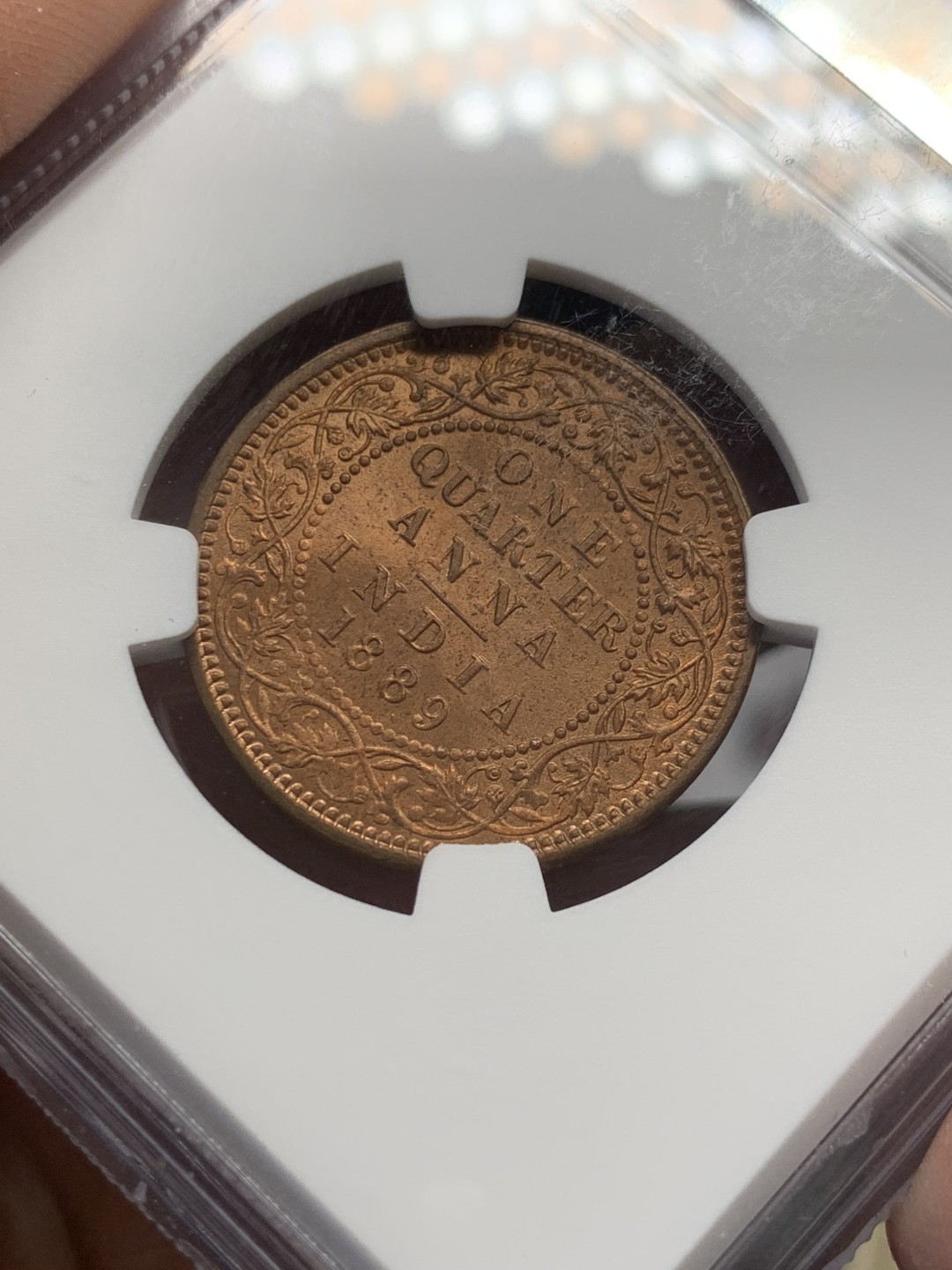 《竞宝斋》第146场-周日，周一 2场 (全场包邮) NGC MS64RB 印度 1889年C版 维多利亚女王1/4安娜好品相高分铜币难得