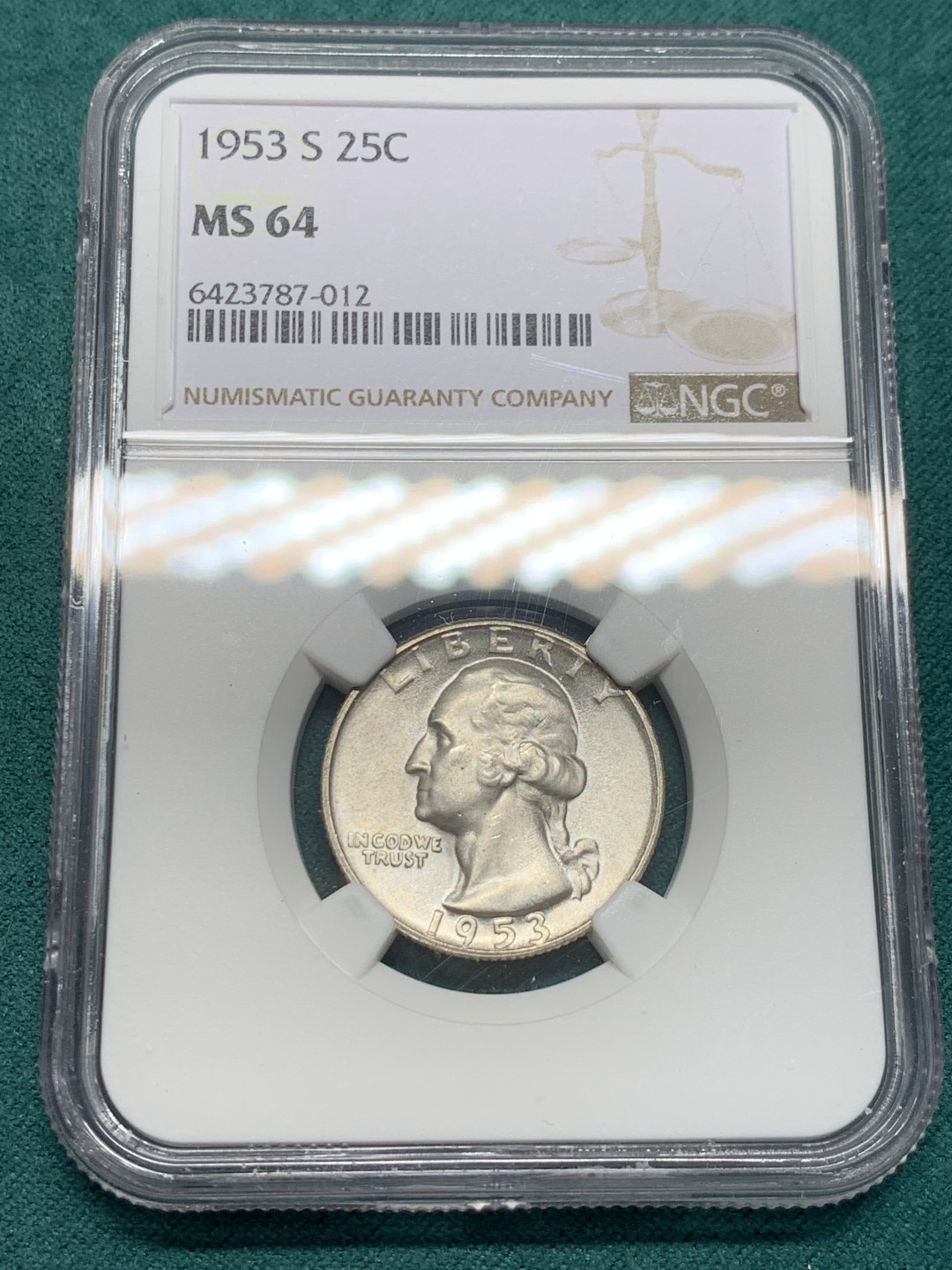 《竞宝斋》第146场-周日，周一 2场 (全场包邮) NGC-MS64 美国1953年 1/4美元银币 顶级品相