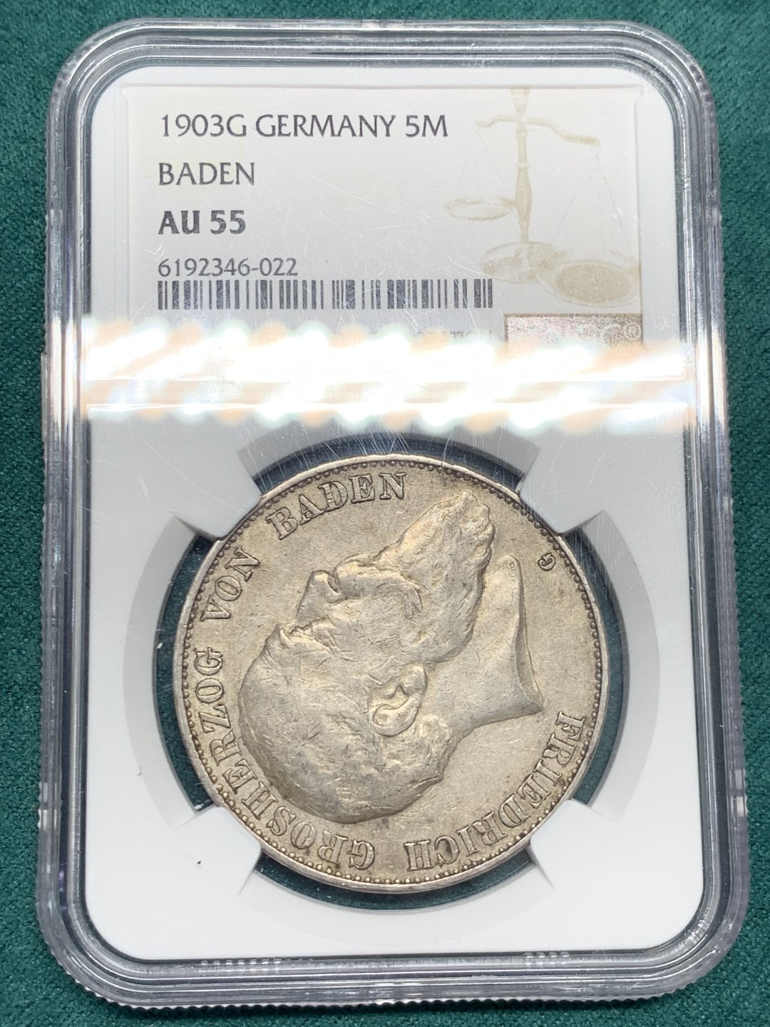 《竞宝斋》第146场-周日，周一 2场 (全场包邮) NGC评级AU55分，1903年德国巴登5马克银币，流通币充分品种，N盒更高分只有7枚。