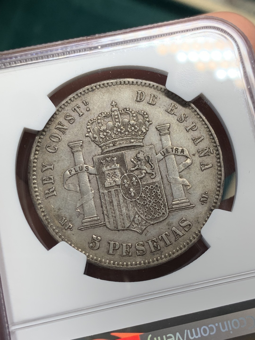 《竞宝斋》第146场-周日，周一 2场 (全场包邮) NGC-AU50 西班牙1888年 阿方索十三世 5比塞塔双柱大银币 好品上AU出分就少了