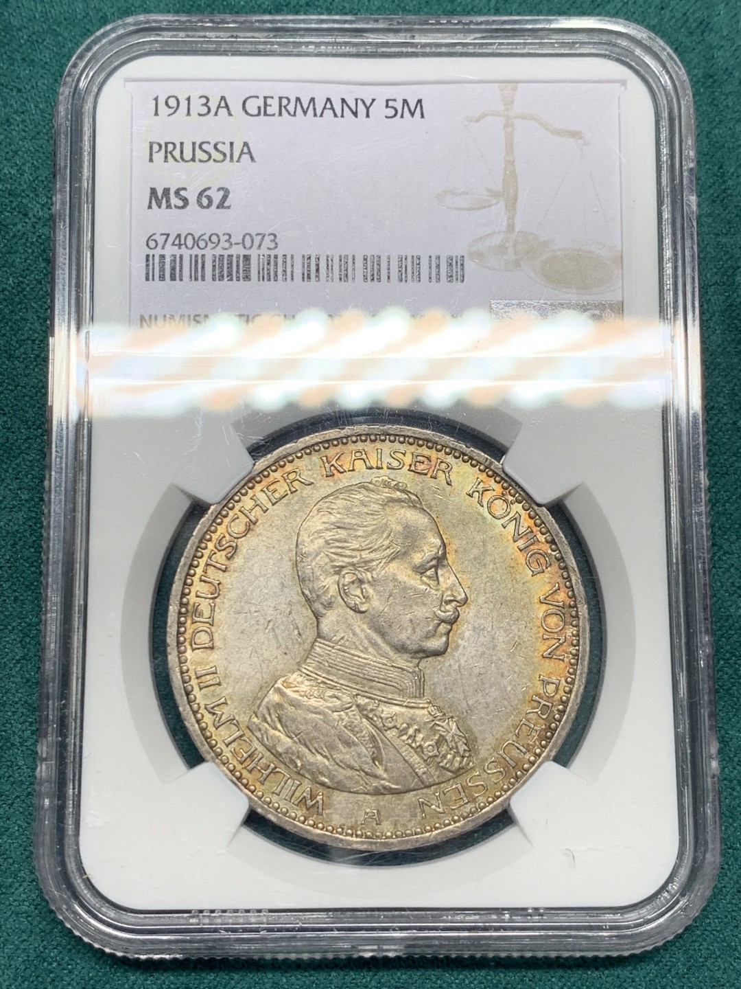 《竞宝斋》第146场-周日，周一 2场 (全场包邮) NGC-MS62 德国 1913年 普鲁士军装5马克银币 带包浆的能拿这个分不容易，味道不是白币能比的