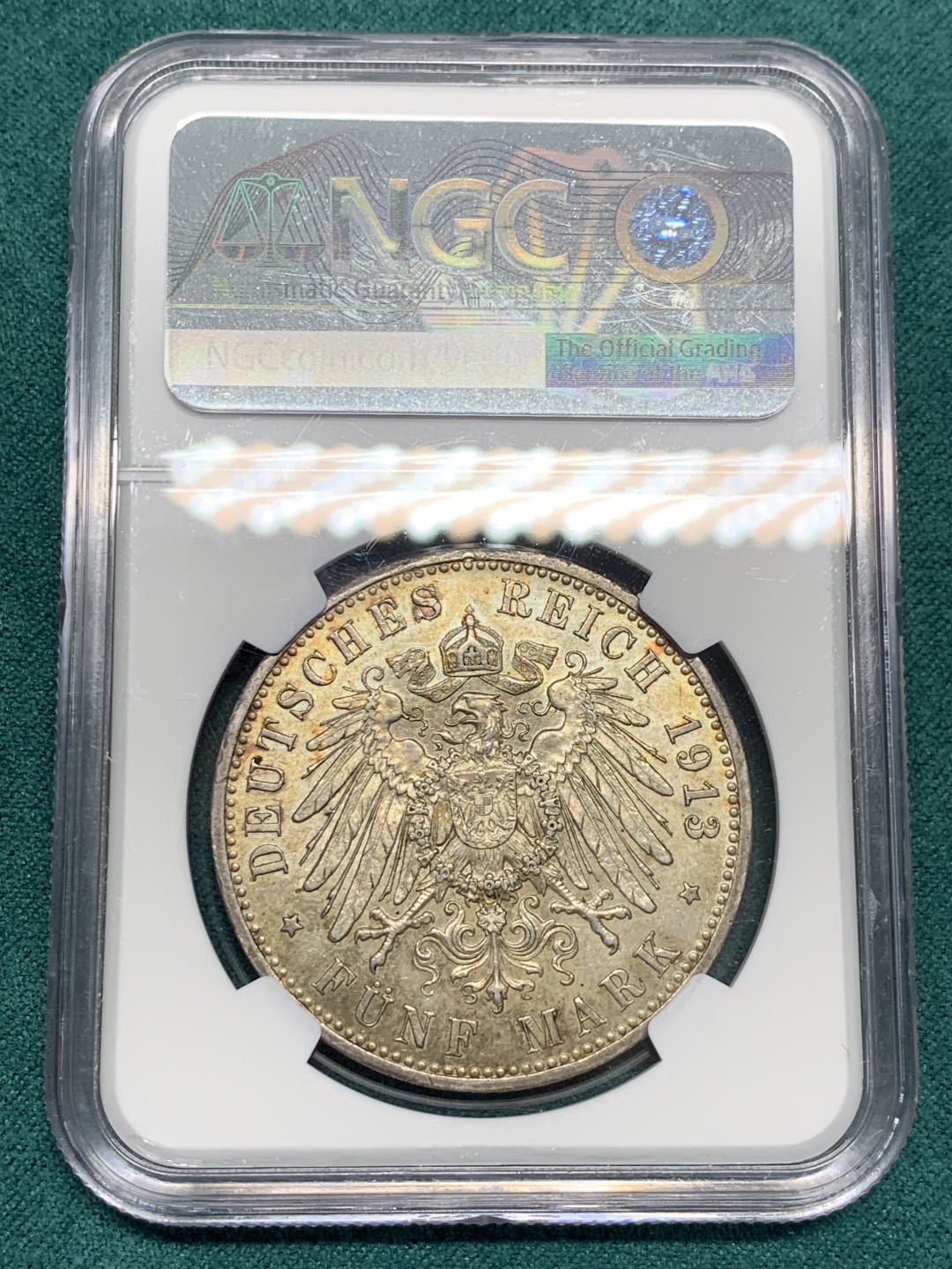 《竞宝斋》第146场-周日，周一 2场 (全场包邮) NGC-MS62 德国 1913年 普鲁士军装5马克银币 带包浆的能拿这个分不容易，味道不是白币能比的